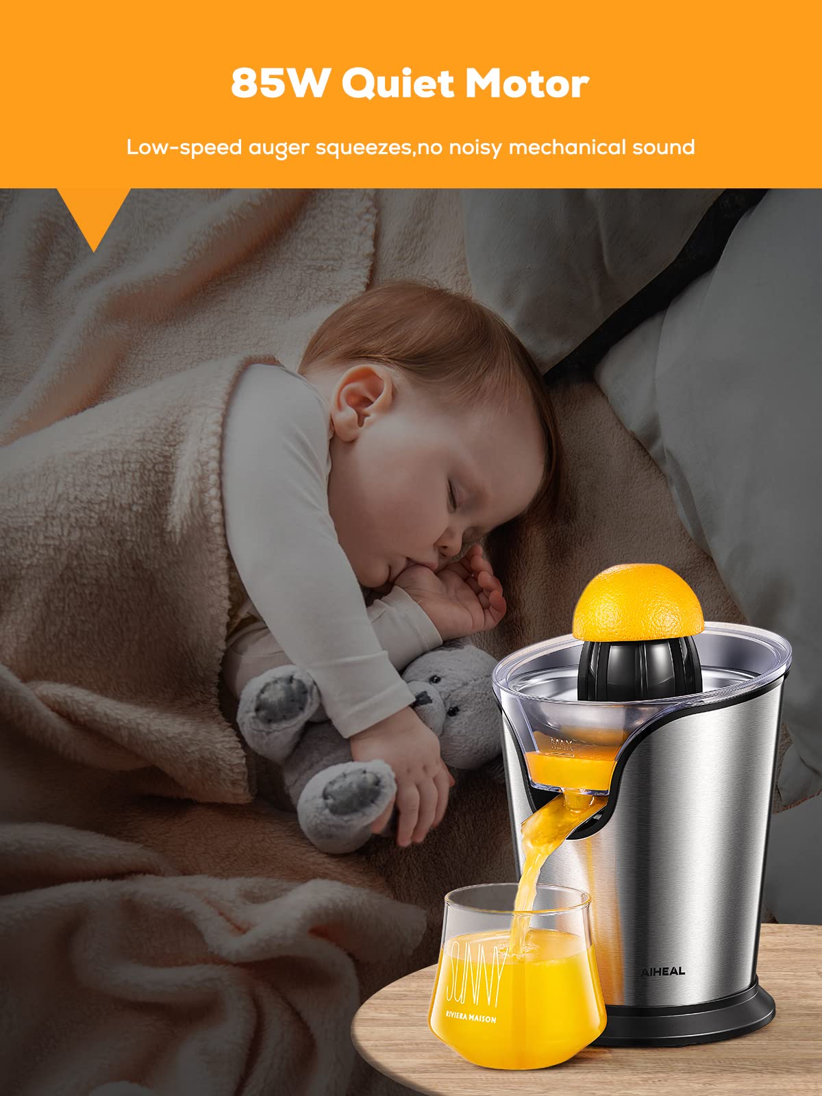 Aiheal Electric Citrus Juicer, Orange Juicer Squeezer With Two Interchangeable Cones Suitable For All Size Of Citrus Fruits, Ant