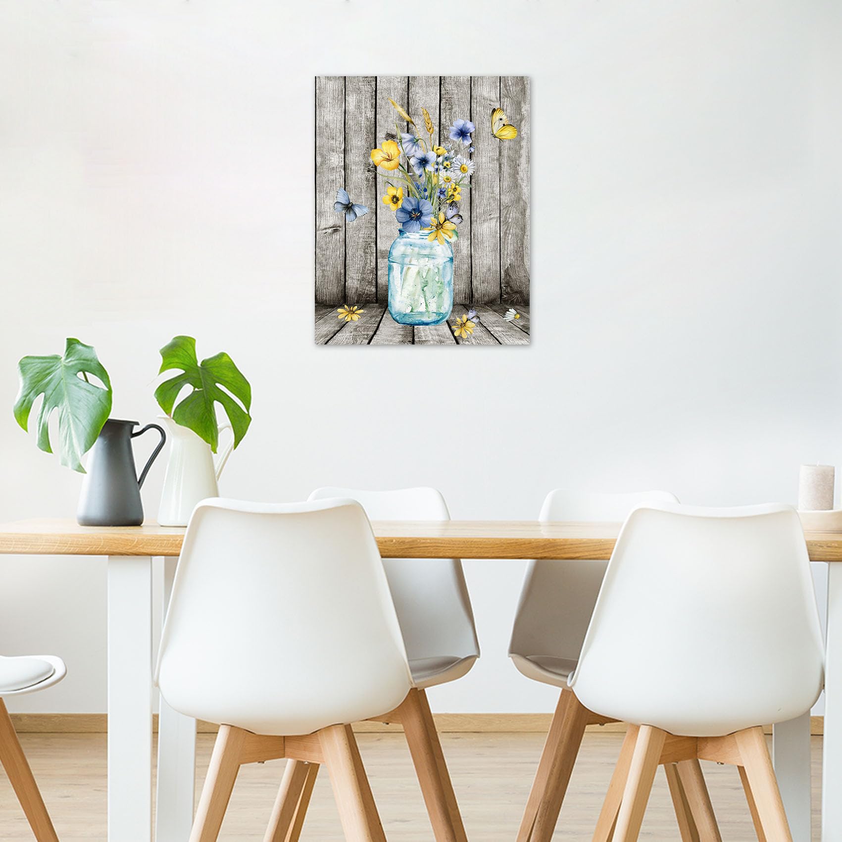Hvest Blue And Yellow Floral Wall Art For Living Room,Blue Flower In Vase And Butterfly On Farmhouse Wood Canvas Wall Art Countr