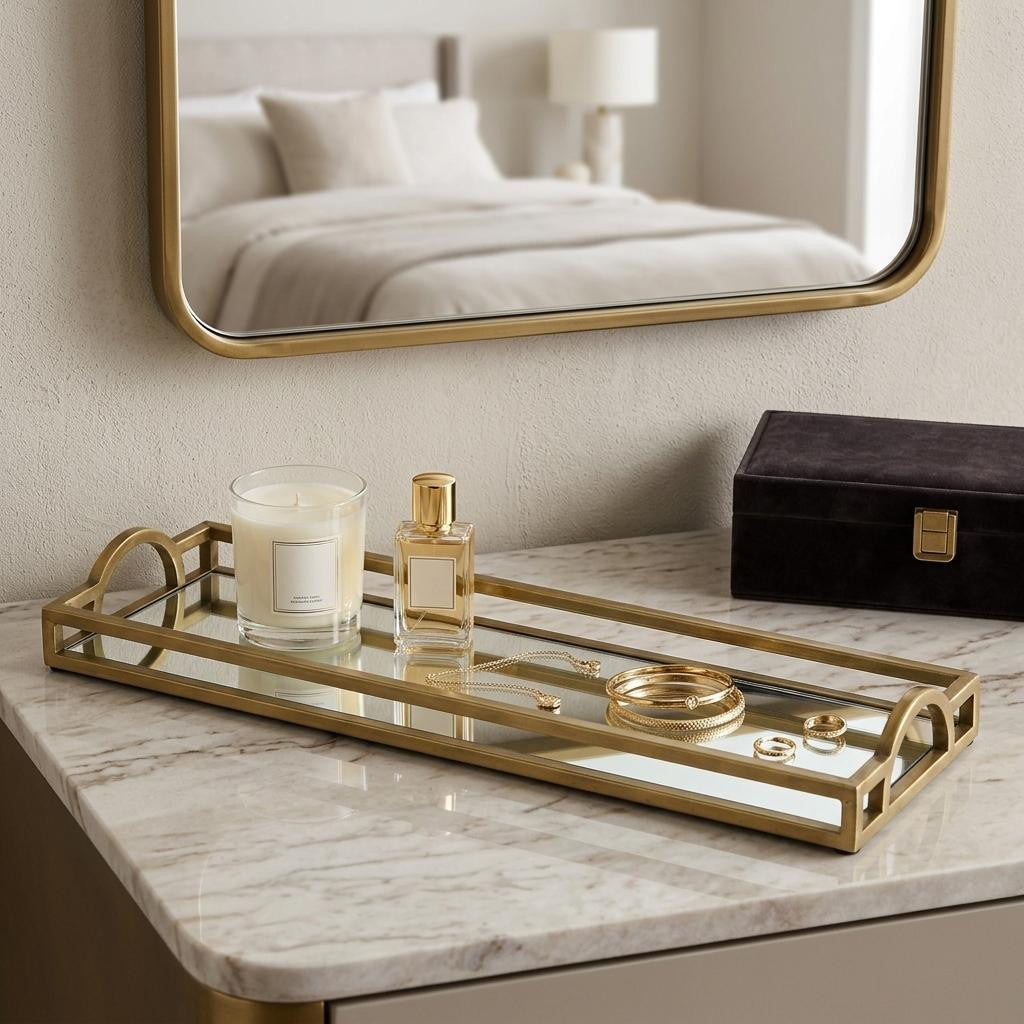 24 Gold Metal And Mirrored Glass Handmade Vanity Tray With Handles