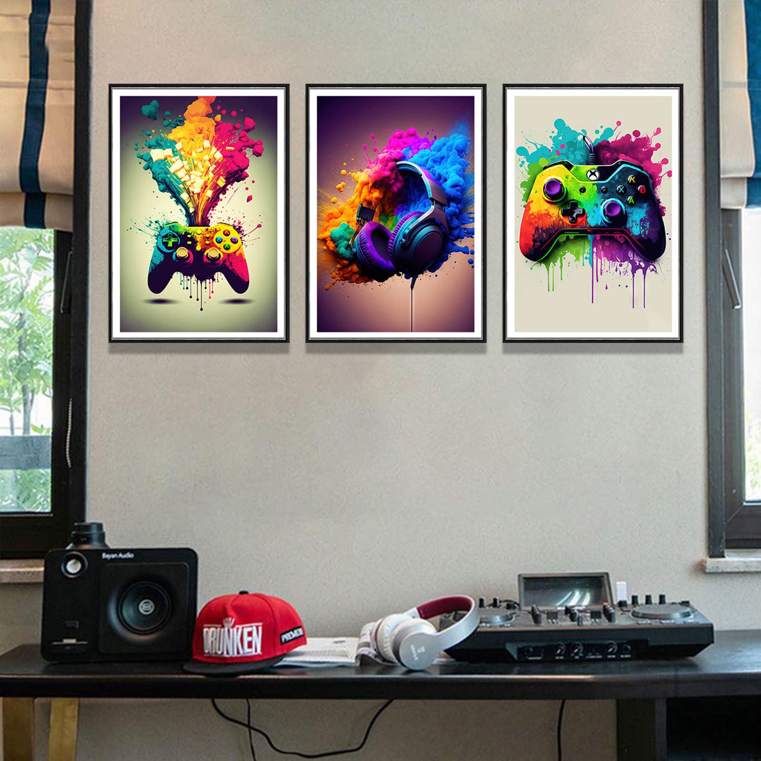Game Room Decorative Wall Art Color Video Game Handle Earphone Graffiti Theme Poster Neon Light Poster Print Picture Children Yo