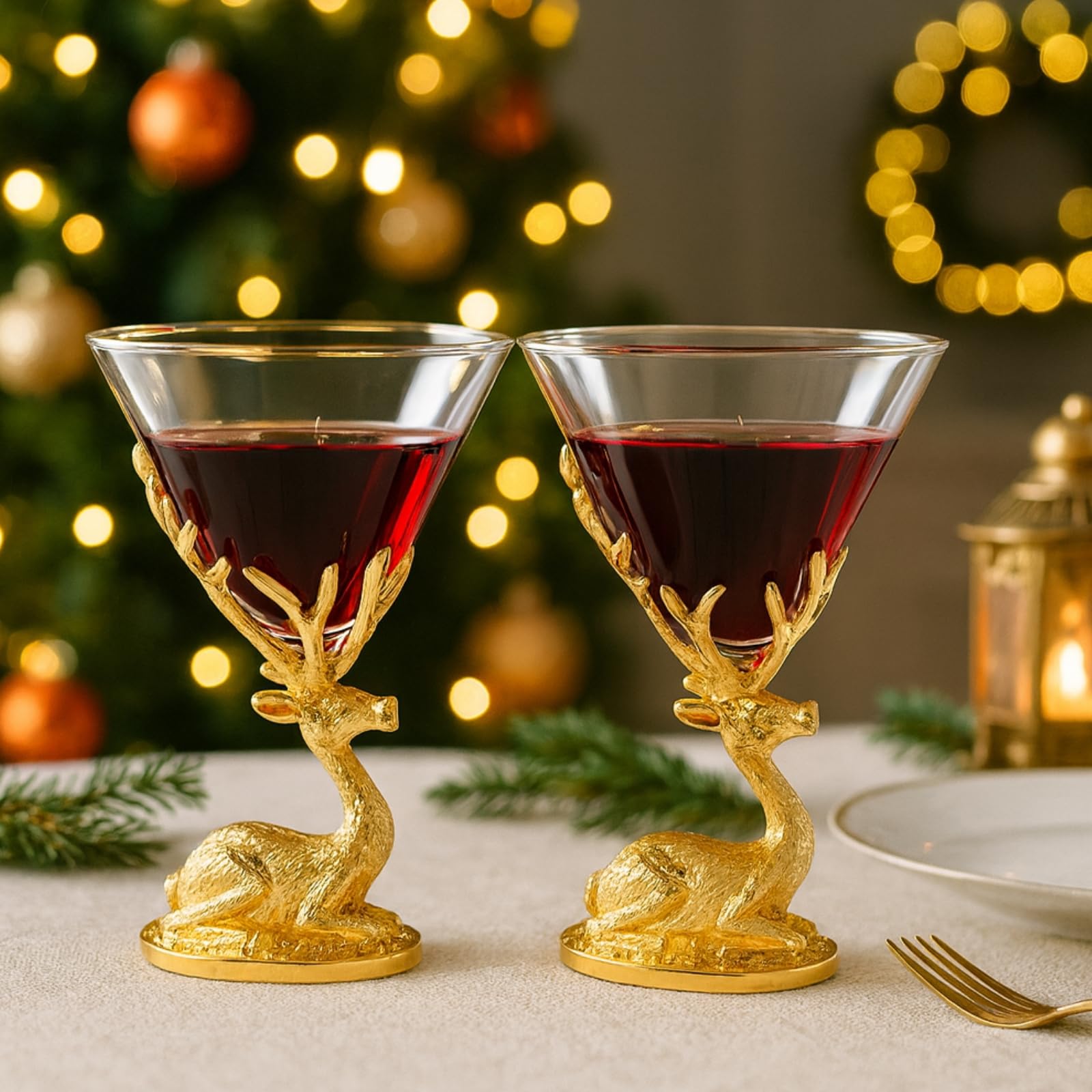 Stag Antler Cocktail Glasses Set of 2 Gold Deer Design Elegant Animal Inspired Barware