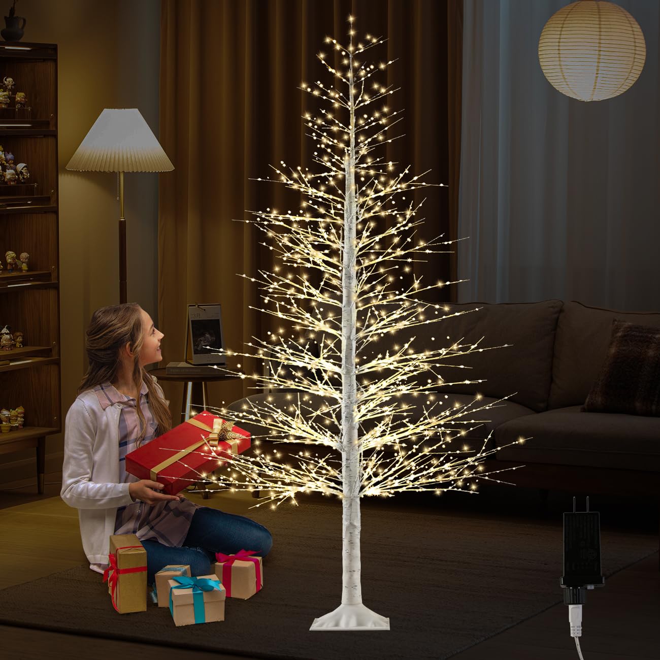 7FT Lighted Birch Tree with 1500 Warm White LEDs, Prelit Christmas Tree with Twinkle Lights, Outdoor Indoor LED Birch Tree with 