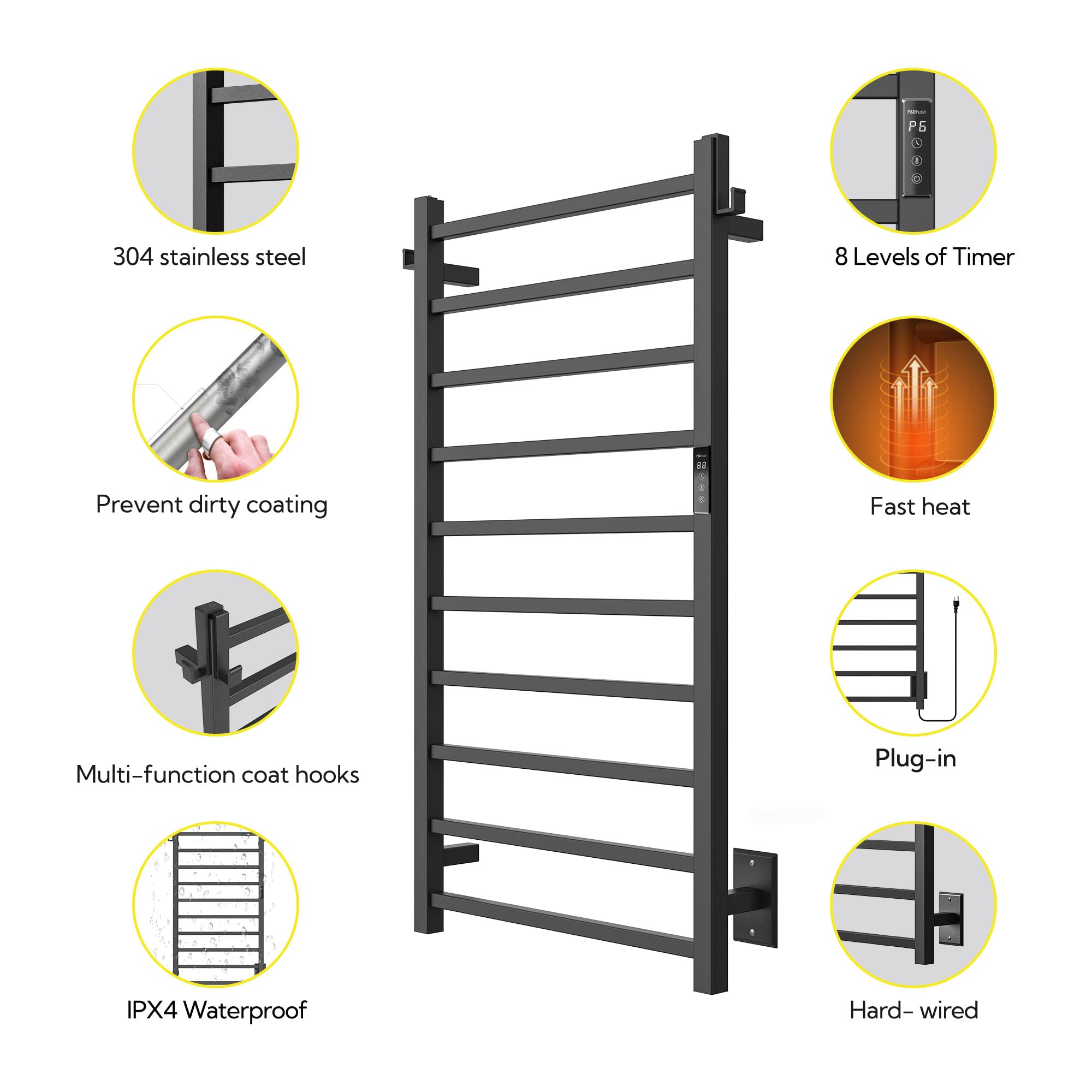 P&Bhusri Heated Towel Rack, 10-Bar Towel Warmer Rack For Bathroom, Wall Mounted Towel Warmer, Electric Towel Drying Rack With Ti