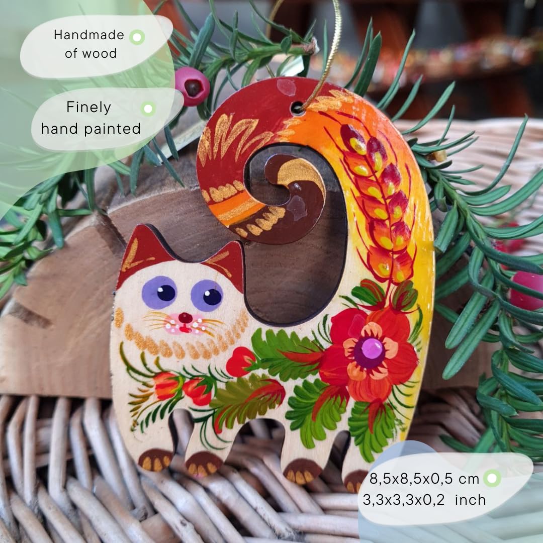 Rustic Wooden Cat Christmas Tree Ornament 3,3 ? 2,8 ? 0,2 Inch | 7 ? 8,5 ? 0,5 cm Ukrainian Folk Art Petrykivka Hand-painted Ris