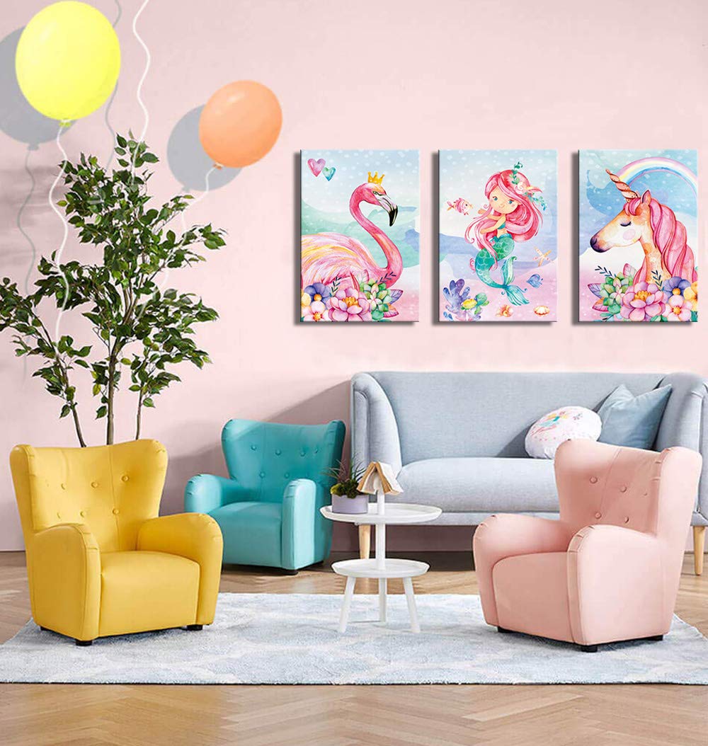 Unicorn Wall Decor Mermaid Flamingo Inspirational Framed Wall Art Prints Pink Horse Flower For Living Room Girls Room Decoration
