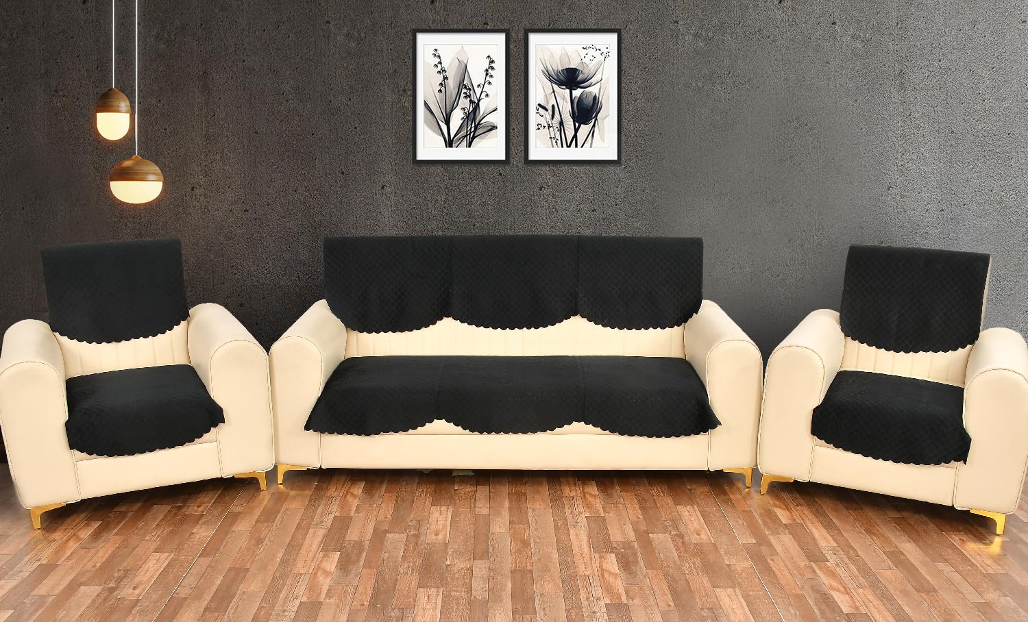 Yellow Weaves 5 Seater Self Design Quilted Sofa Cover And Chair Cover, Seat & Back Cover, Color - Black