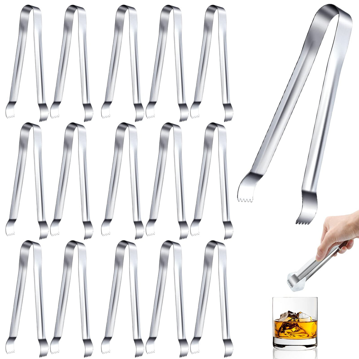 Worldity 16 Pieces Ice Tongs, 6.5 Inch Ice Tongs For Ice Bucket, Stainless Steel Serving Tongs With Sharp Teeth Make Grabbing Ic