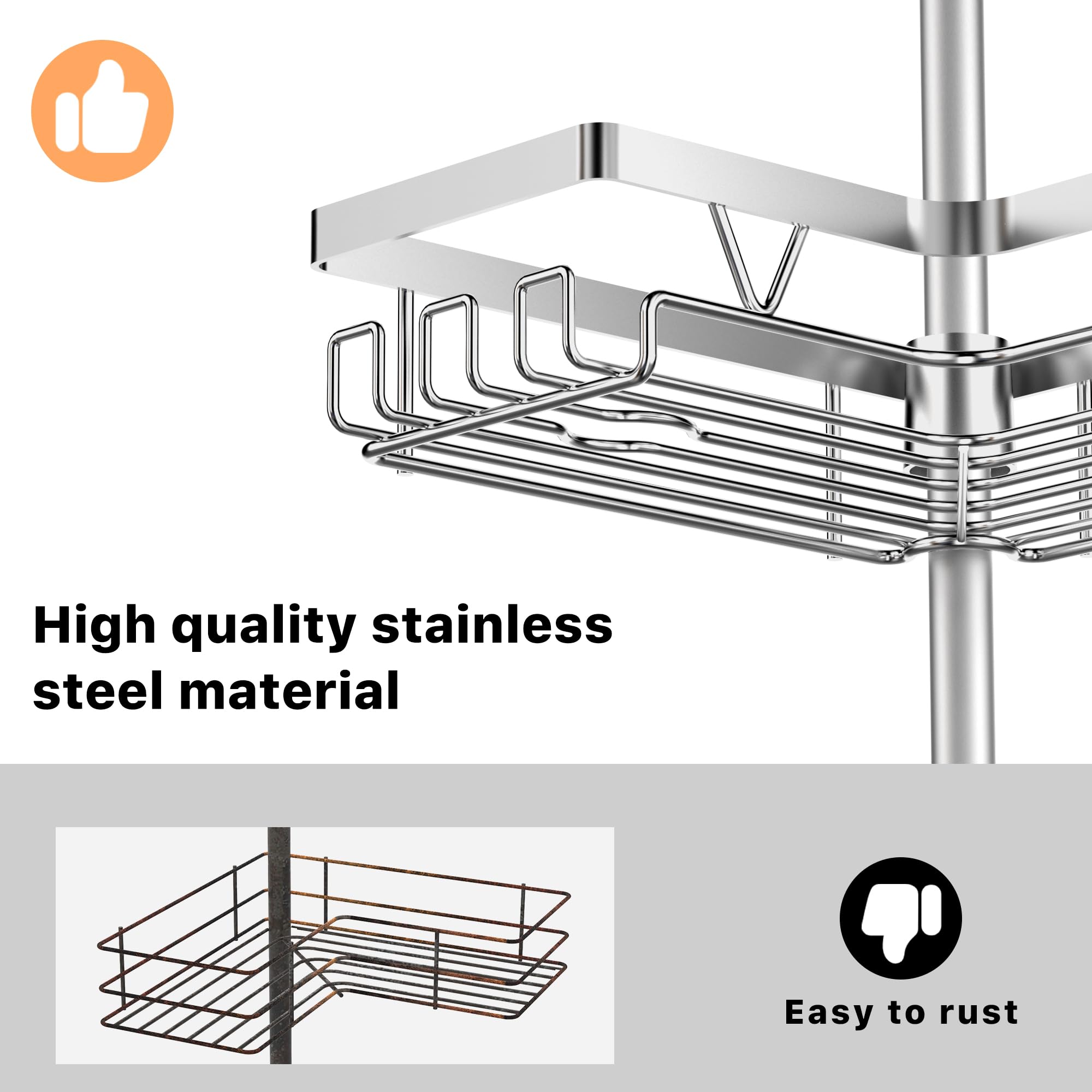 Kegii Sus304 Corner Shower Organizer, Stainless Steel Tension Pole Shower Caddy Corner, No Drilling Required Adjustable Shower S