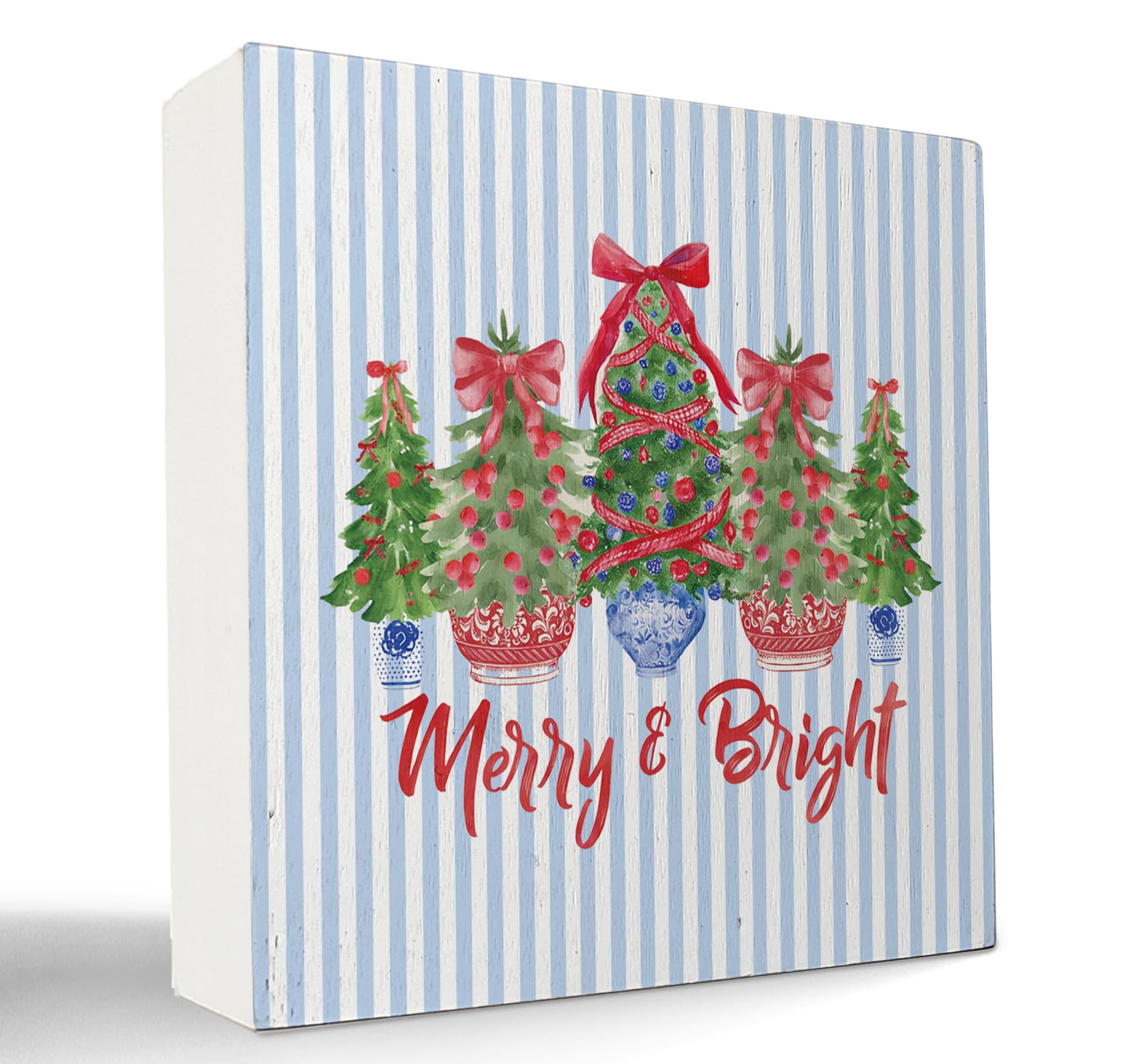 kunlisa Chinoiserie Christmas Tree Wooden Sign, Grandmillennial Christmas Decor, Coquette Red Bow Porcelain Xmas Tree Wood Box S