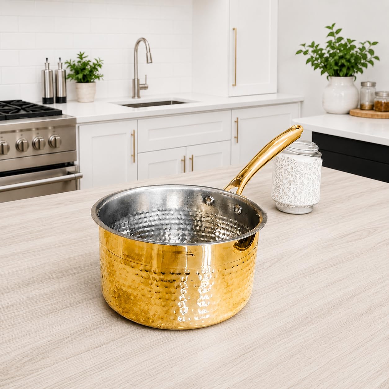 Sanskriti Decor Brass Saucepan 1.5 L With Insulated HeatResistant Handle | Brass Tin Coated Tea Pan | ChemicalFree And NonSti