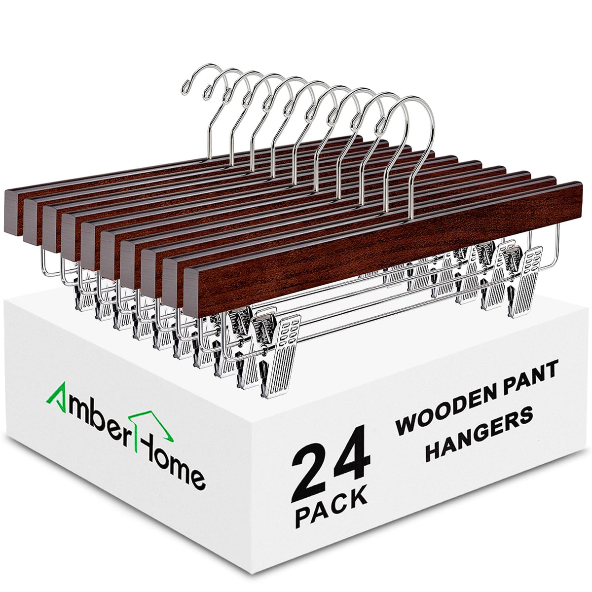 Amber Home Retro Wooden Pants Hangers With Clips 24 Pack, Walnut Wood Bottom Jeans Skirt Hanger, Clip Hanger For Trousers, Slack