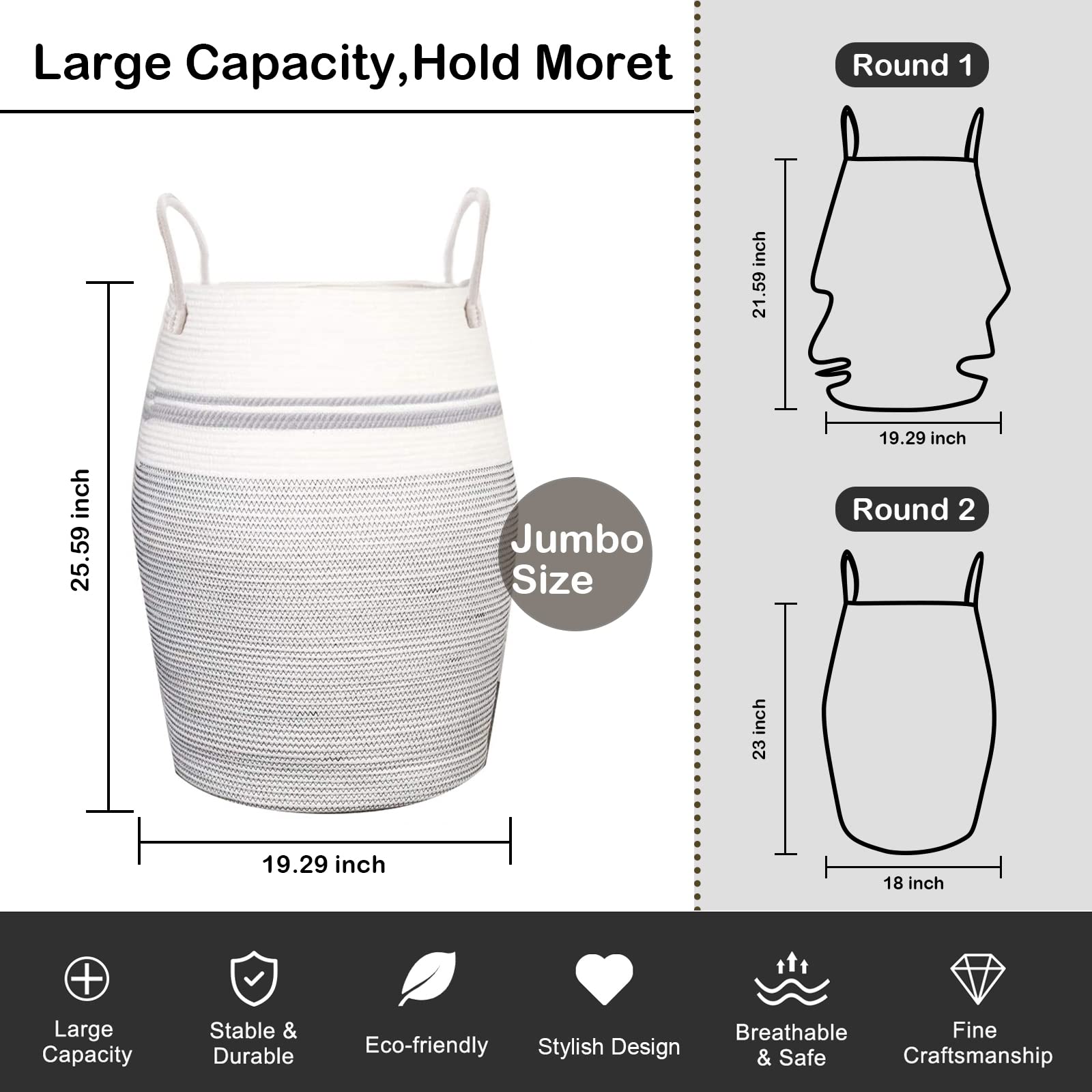 Oiahomy Laundry Hamper Woven Cotton Rope Large Clothes Hamper 25.6 '' Height Tall Laundry Basket With Extended Cotton Handles Fo
