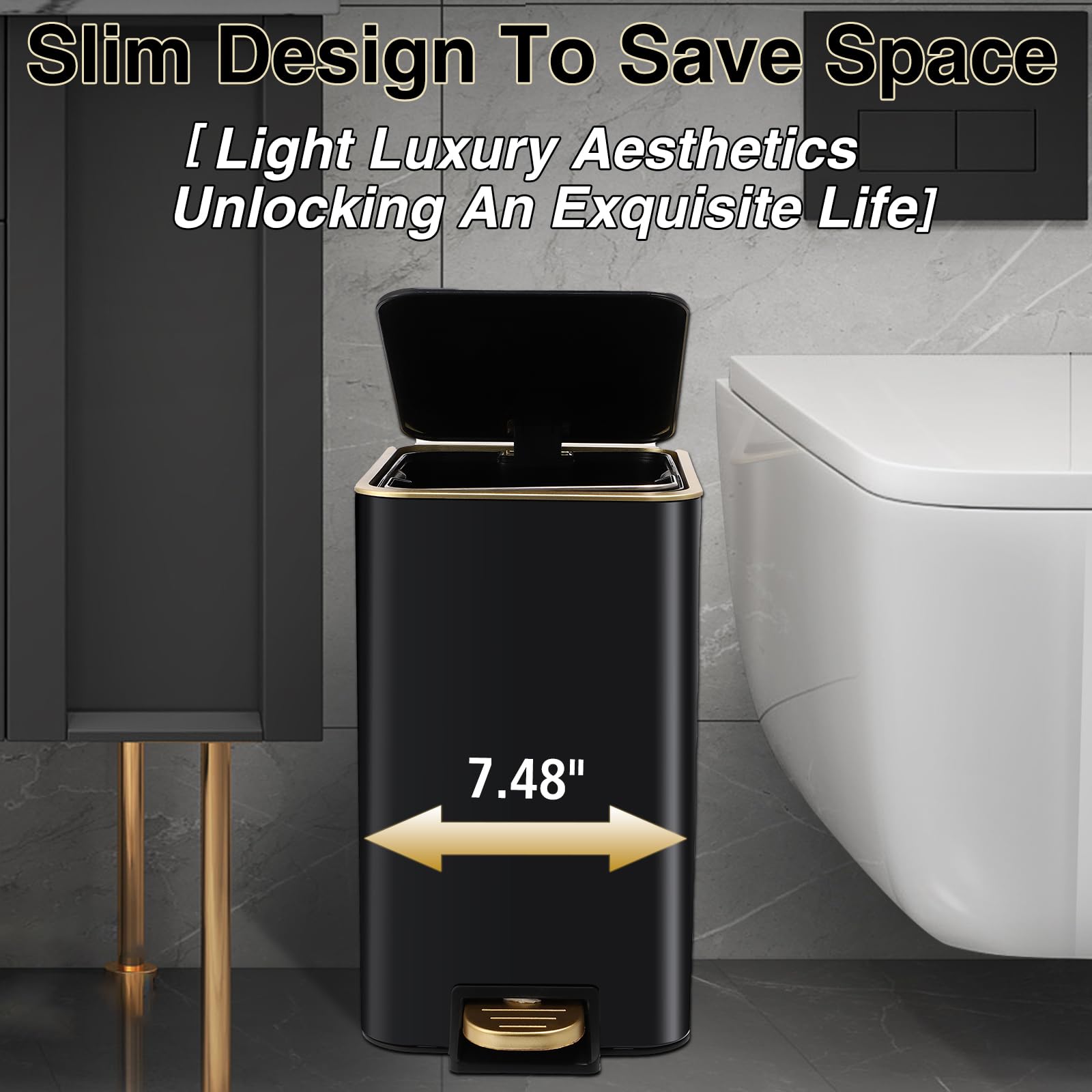 Xlhomo Black Bathroom Accessories Set 8 Piece Black And Gold Bathroom Set, Bathroom Sets With Stainless Steel Trash Can,Toilet B
