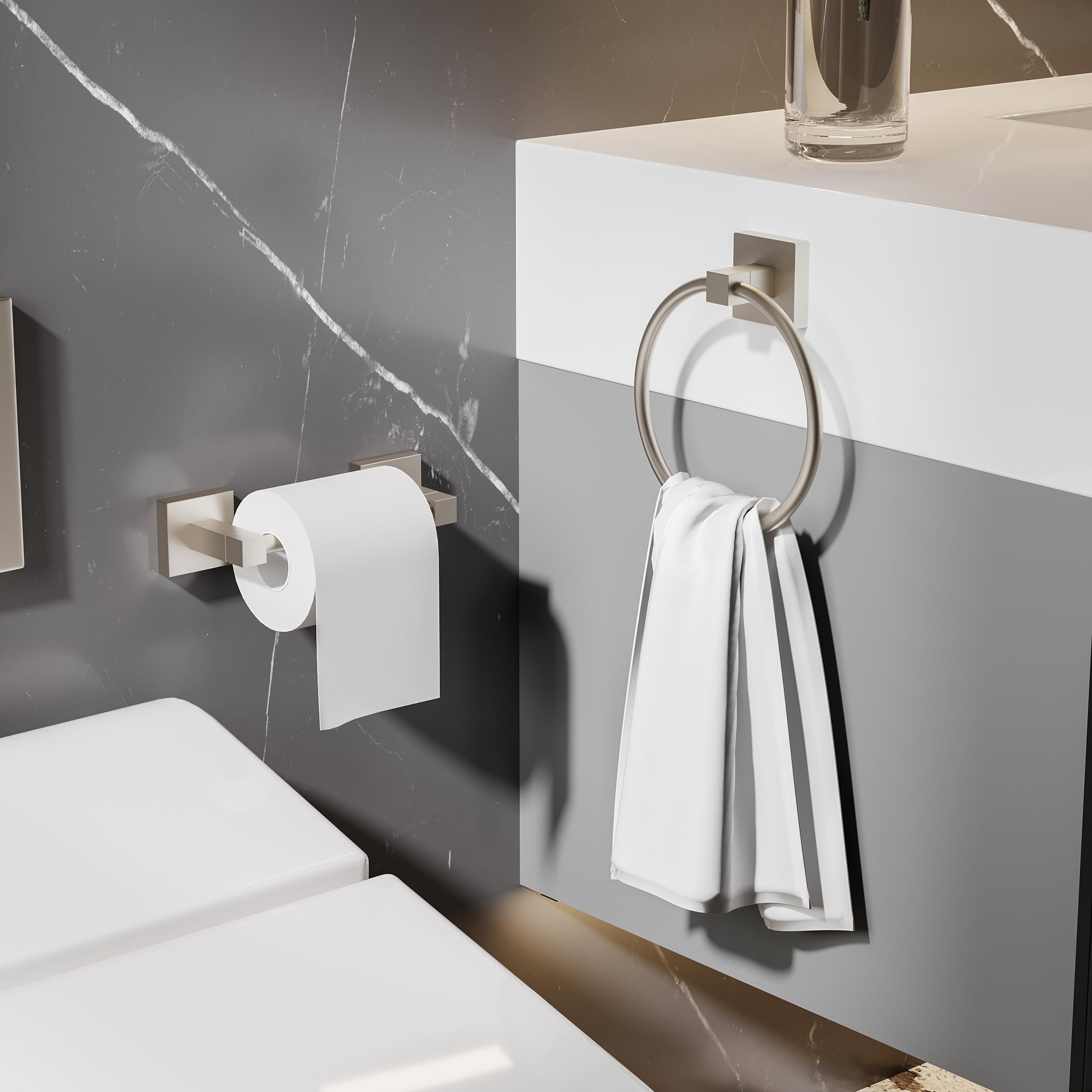 Ruacq Brushed Nickel Toilet Paper Holder Towel Ring Bathroom Accessories Hardware Set Double Post Pivoting Toilet Roll Holder Sq