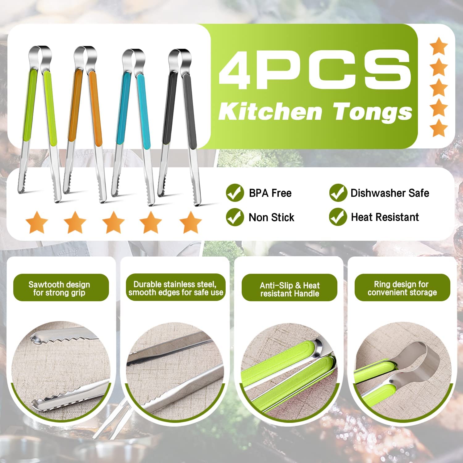 4Pcs Stainless Steel Kitchen Tongs, Serving Tongs For Cooking, 10'' Metal Food Tongs With Non-Slip Comfort Grip, Non-Stick Cooki