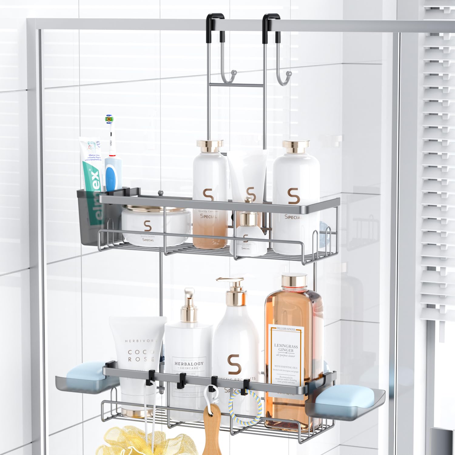 Aitatty Hanging Shower Caddy Over Door: Silver Rustproof Shower Organizer Over The Door - No Drilling Bathroom Rack For Inside S