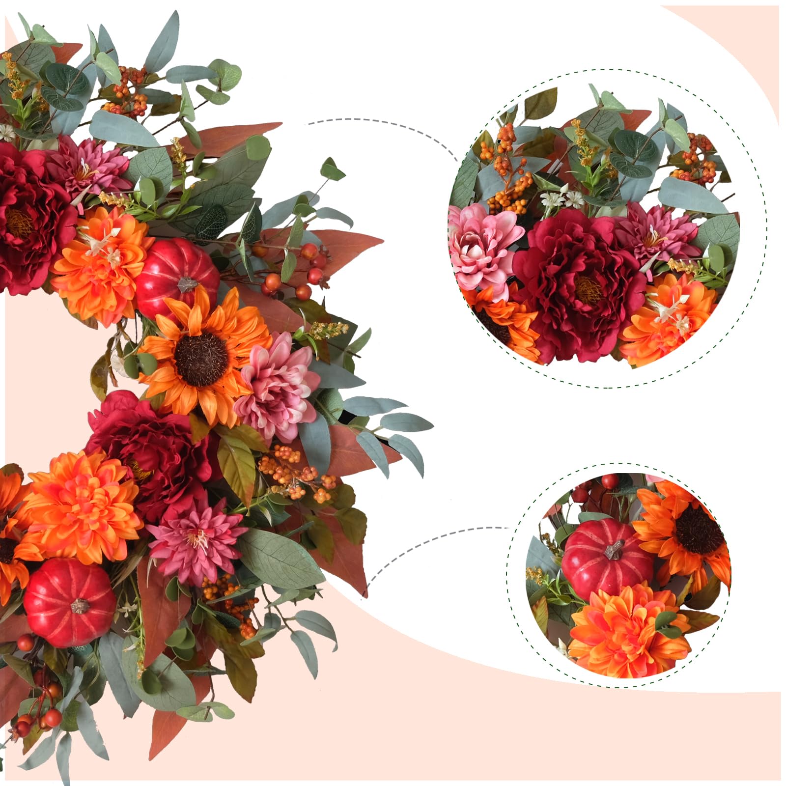 Egolot 24 Inch Fall Sunflower Peony Pumpkin Wreath for Front Door, Fall Thanksgiving Eucalyptus Boxwood Floral Wreaths for Indoo
