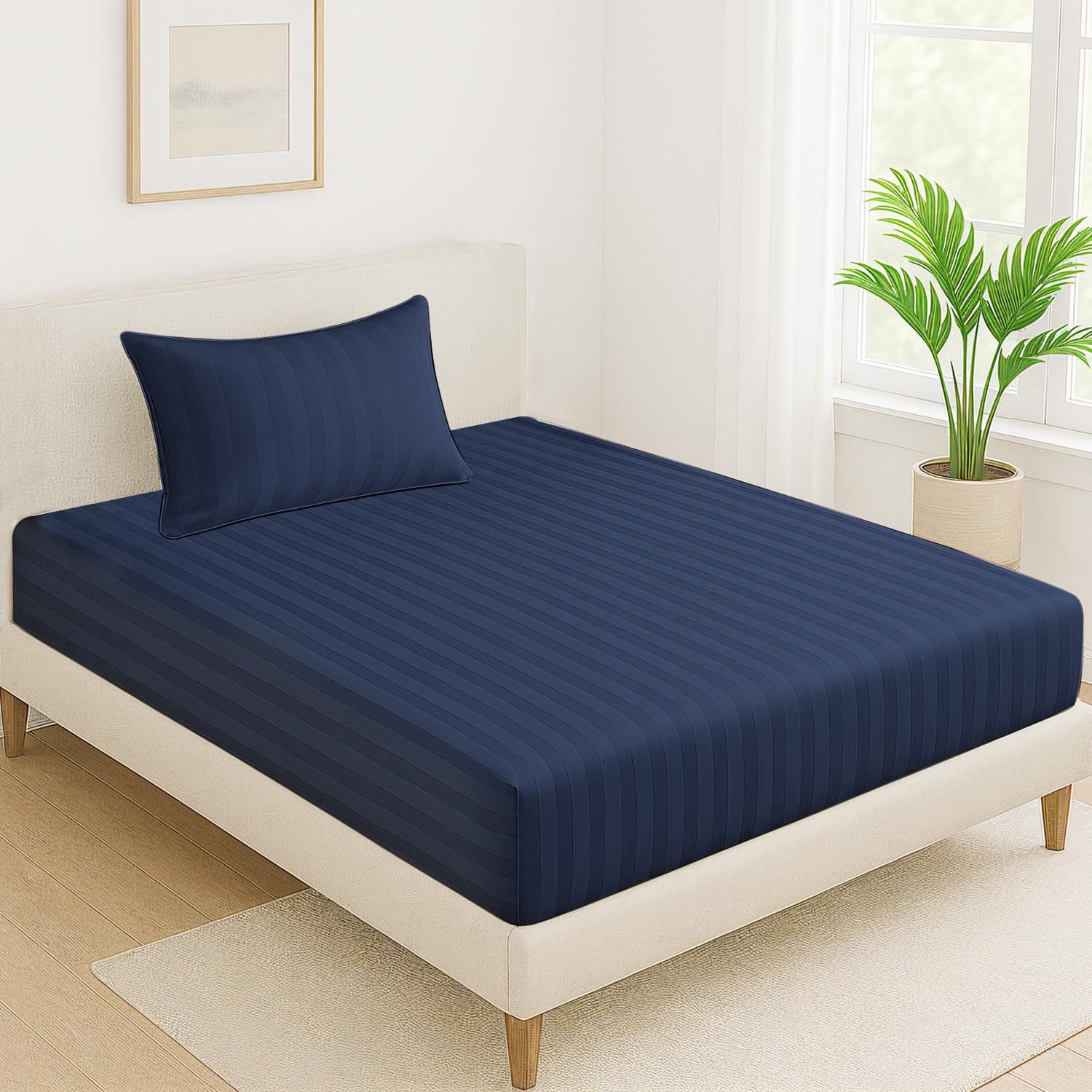 Cloth Fusion Elastic Fitted Glace Cotton Satin Striped Bedsheet Single Size With 1 Pillow Cover (78X36 Inches, Navy Blue)