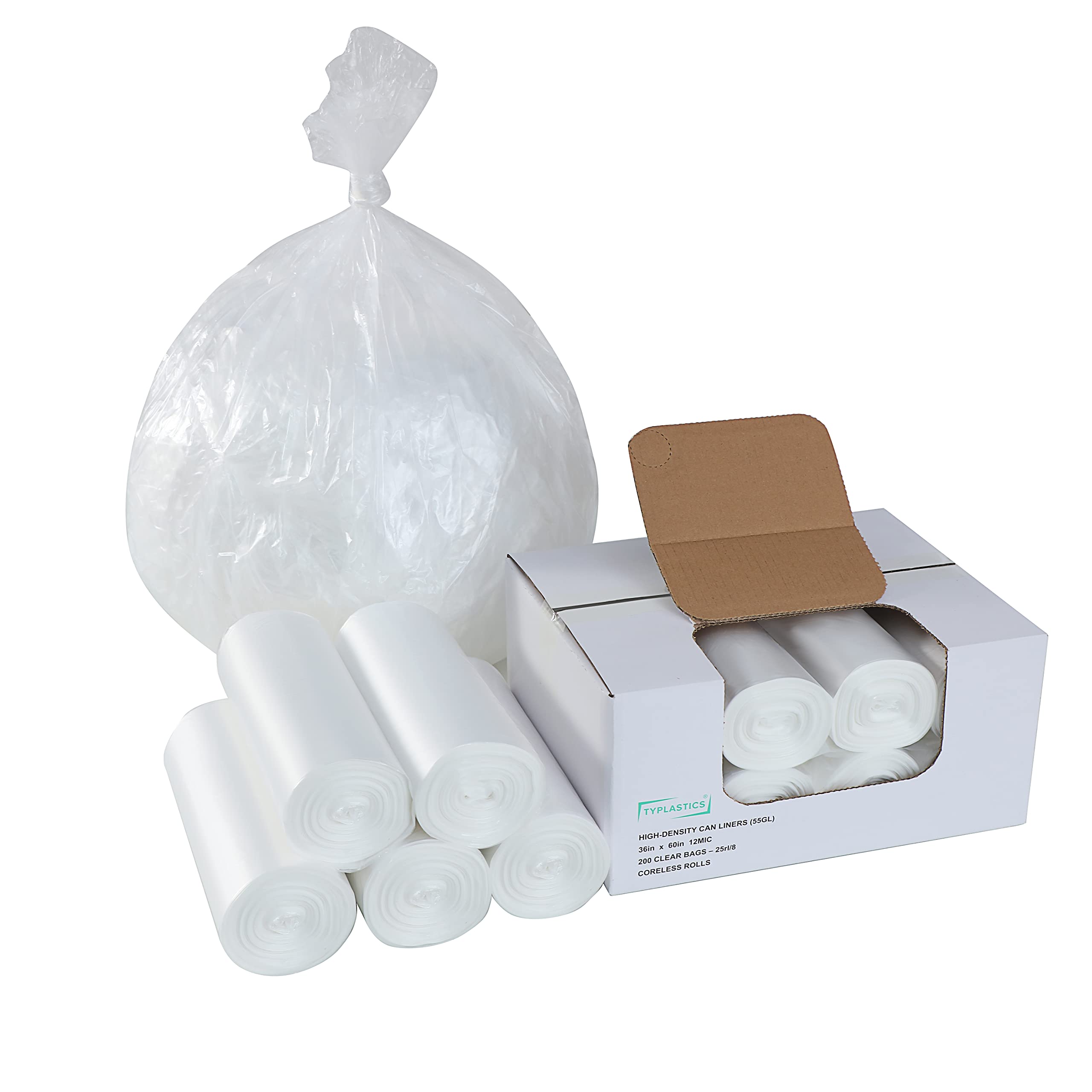 Typlastics 55 Gallon Clear Trash Can Liners - 36 X 60 - Hd Garbage Bags - Case Of 200