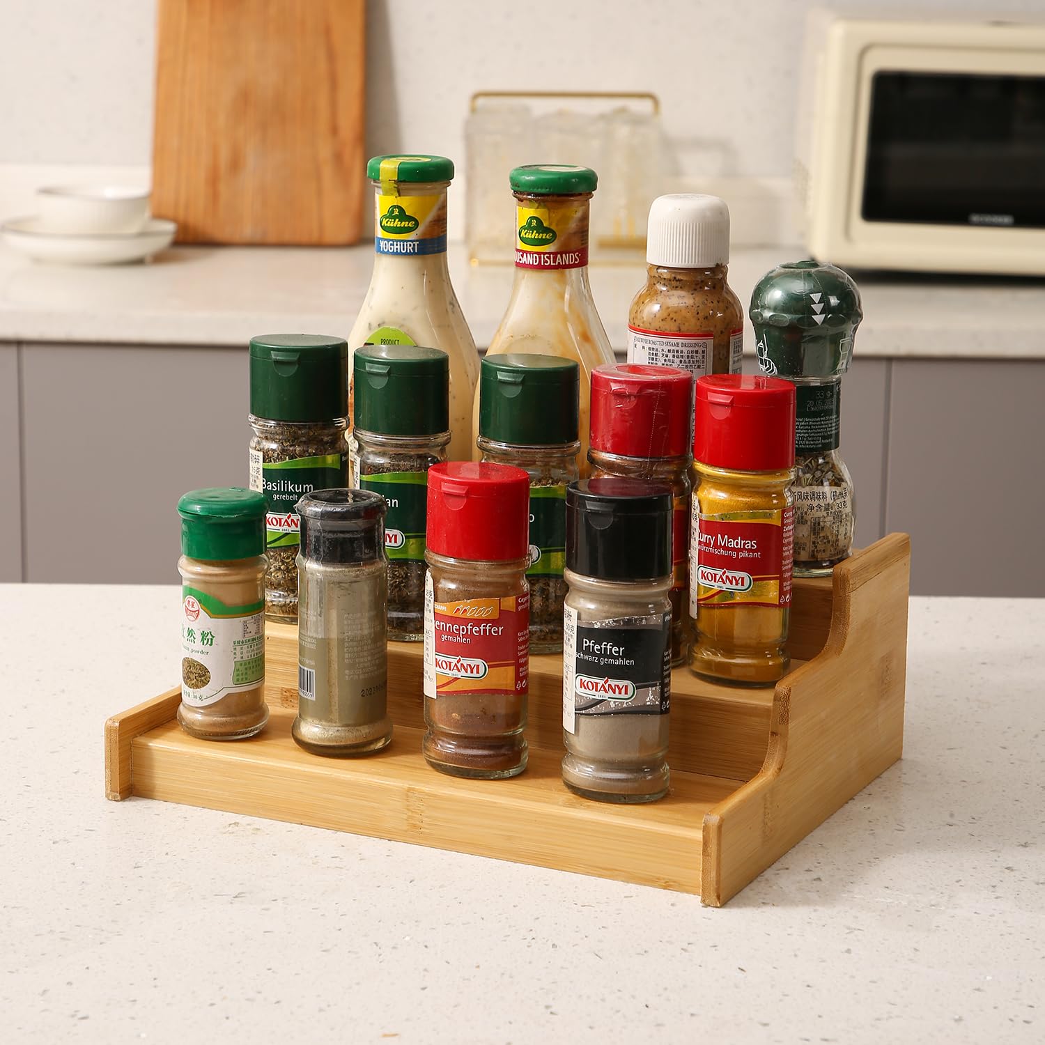 Hokipo Bamboo Step Spice Rack Organizer 3 Tier Countertop Step Spice Shelf For Kitchen Cabinet Storage (Ar5062)