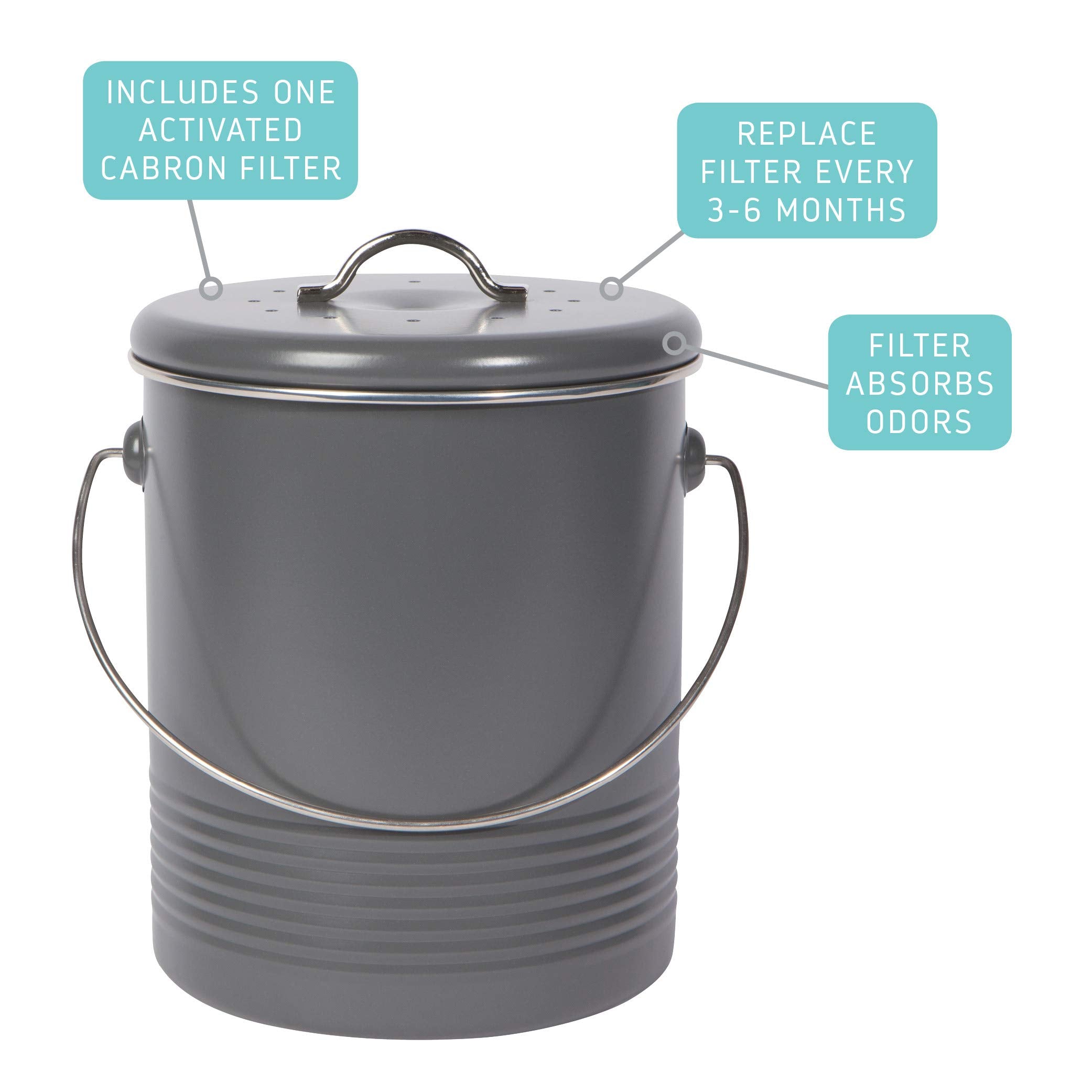 Now Designs Compost Bin Charcoal Powder Coated Steel With Charcoal Filter, 8.5 Inches High, 1.25 Gallon