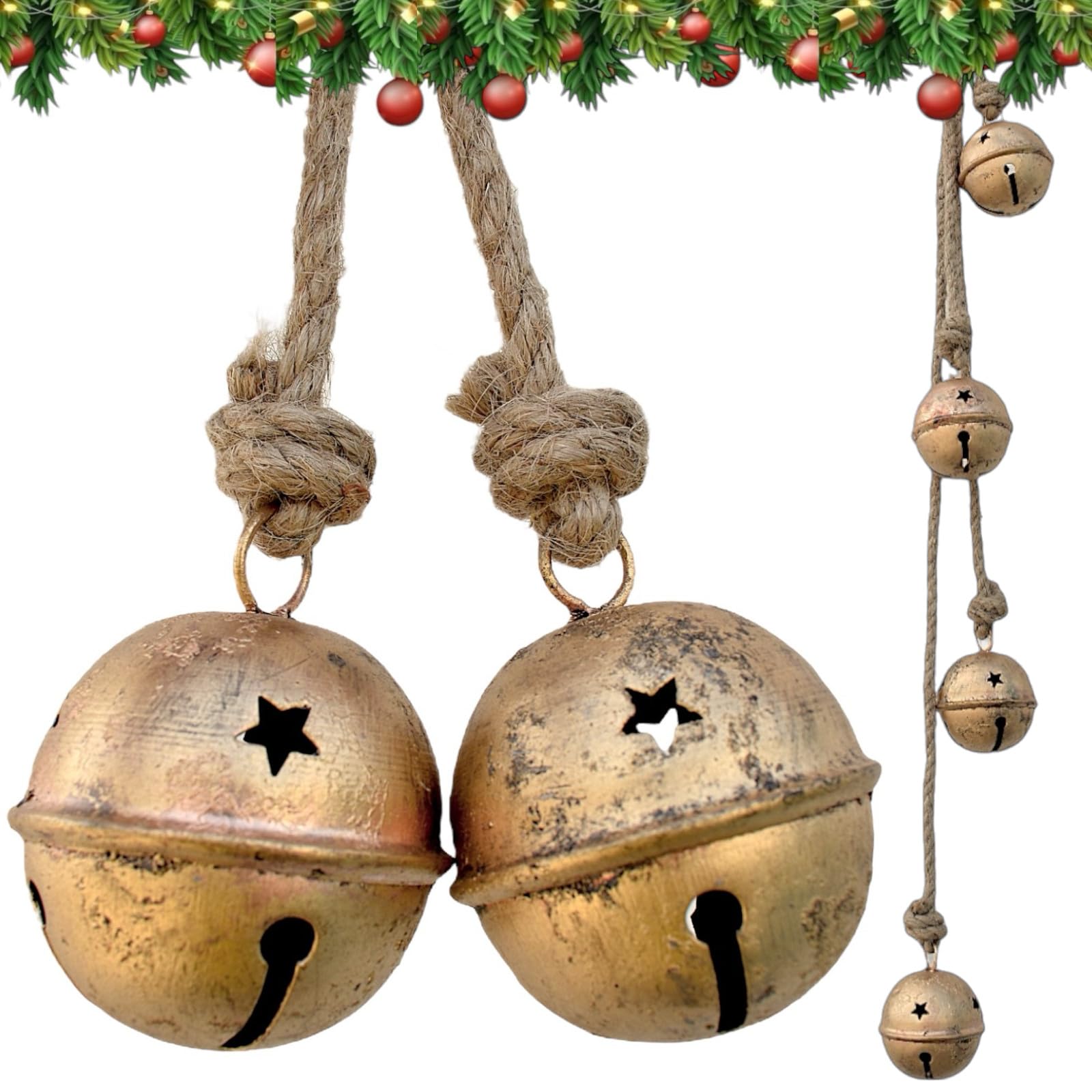 Christmas Sleigh Bells, Hanging Bells Vintage Cowbell Brass Gold Rustic Harmony Metal Jingle Bells Cluster, Tree Bells on Jute R