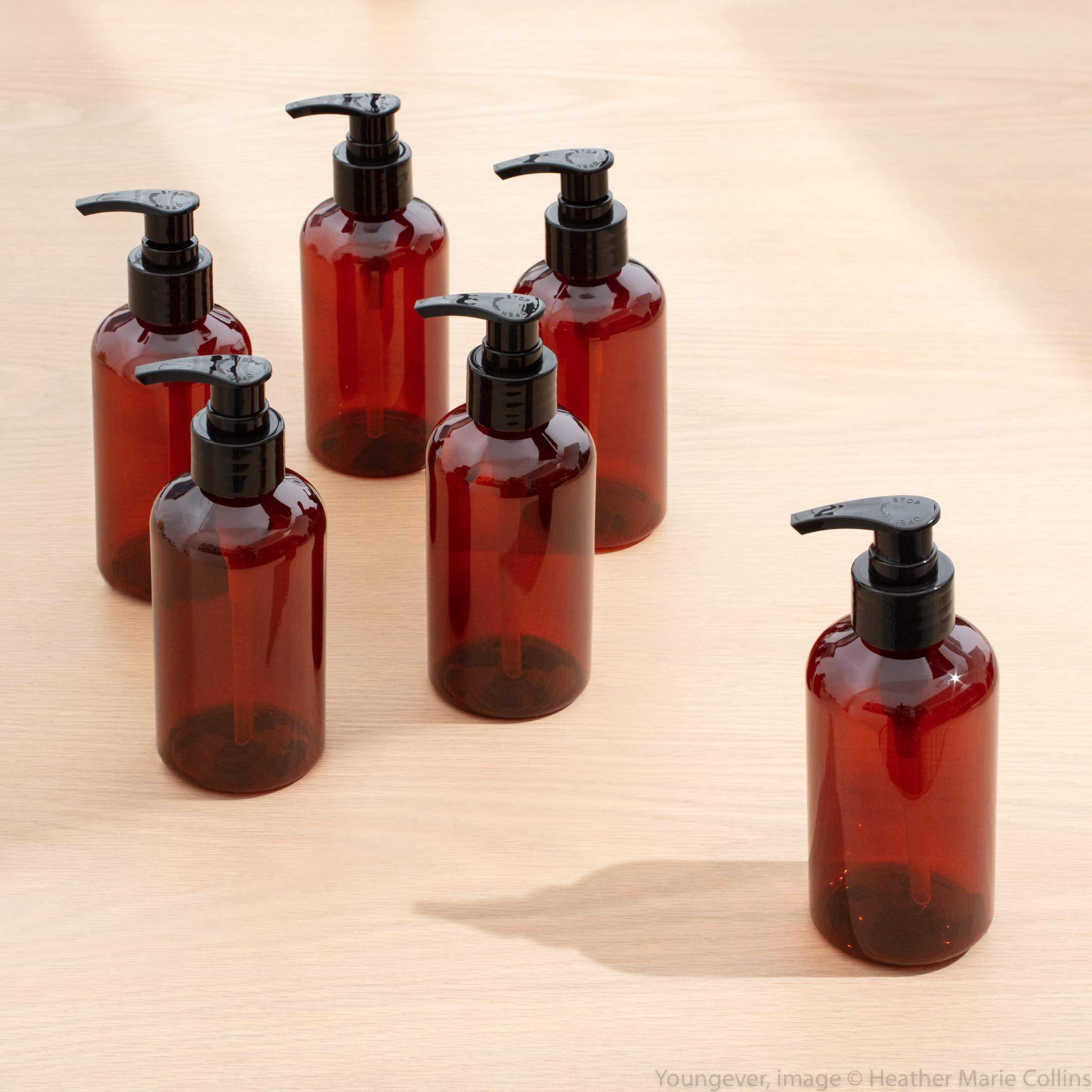 Youngever 5 Pack Plastic Pump Bottles 16 Ounce, Refillable Plastic Pump Bottles (Amber)