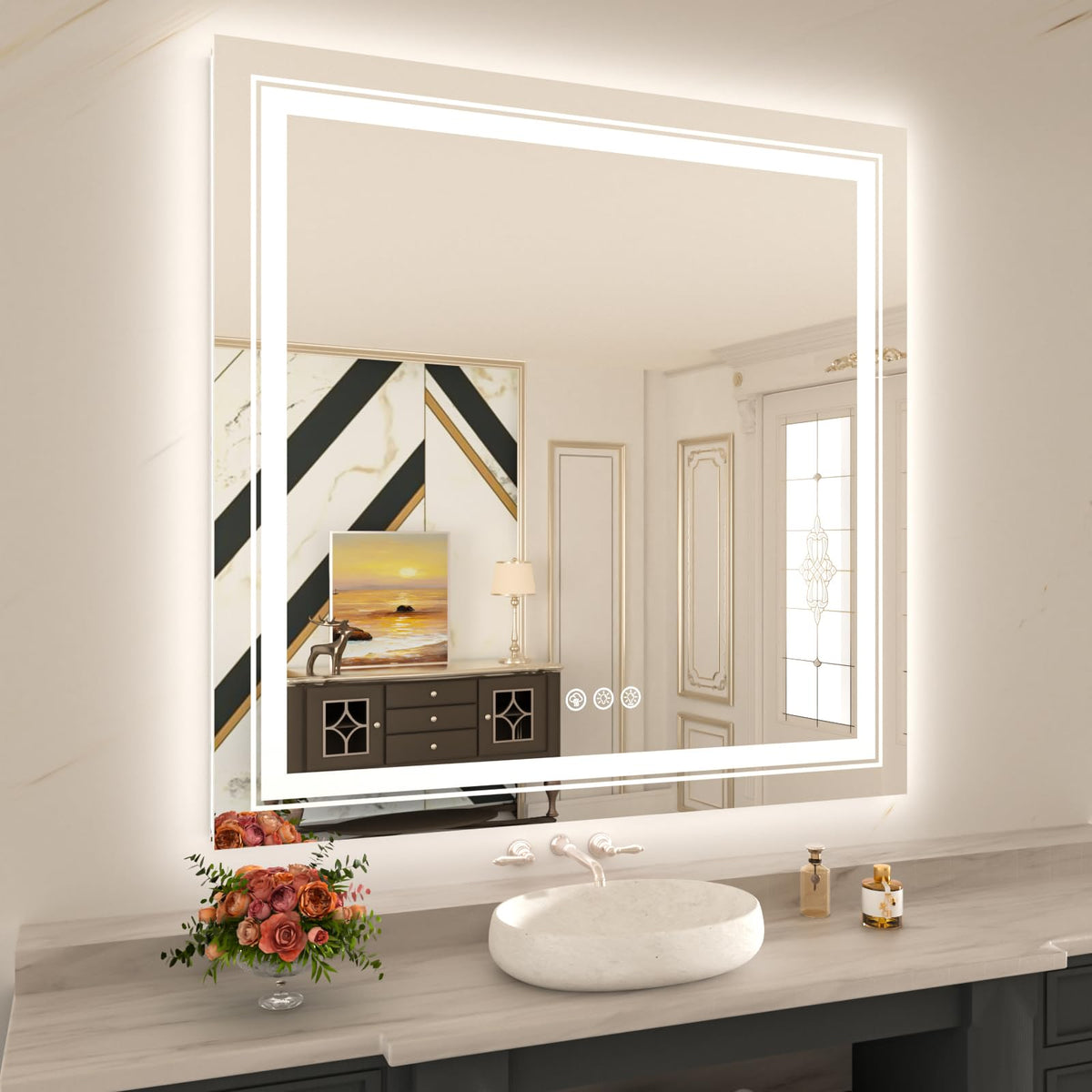 Wtty Rgb Led Bathroom Mirror 36''X36'' With Backlit And 3 Front Light,Stepless Dimmable Led Mirror For Bathroom,Lighted Bathroom