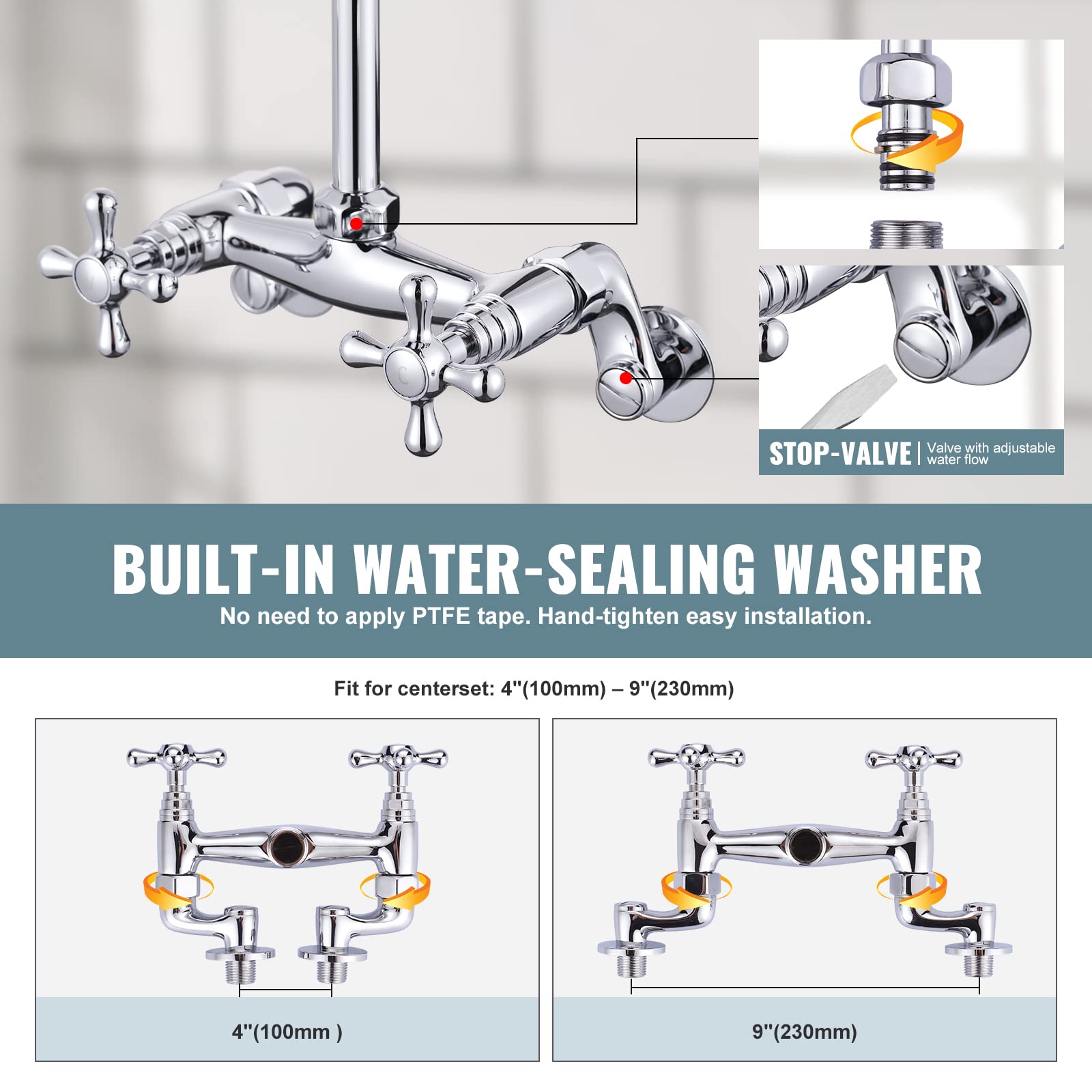 Iviga 26'' Height Commercial Kitchen Faucet Wall Mount With Pre-Rinse Sprayer, 4'' To 9'' Adjustable Center With Humanized Handl