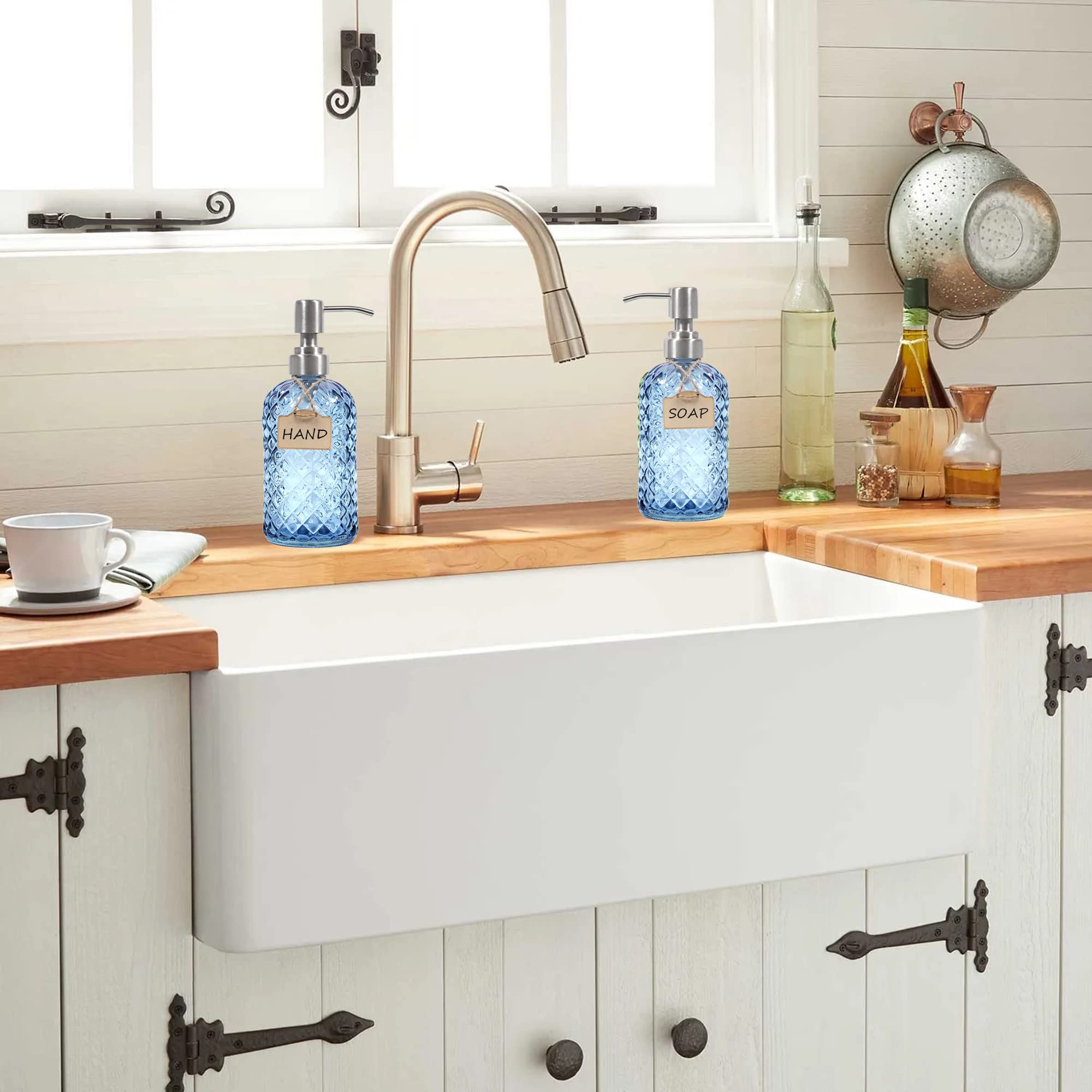 Bathroom & Kitchen Glass Hand And Dish Soap Dispenser With 304 Rustproof Stainless Steel Pump (Blue-2Pack)
