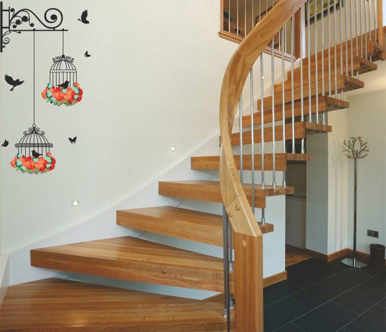 Decals Design Hanging Birds Cage With Flowers' Wall Sticker, Multicolor, 25Cmx70Cm, C1_57000317