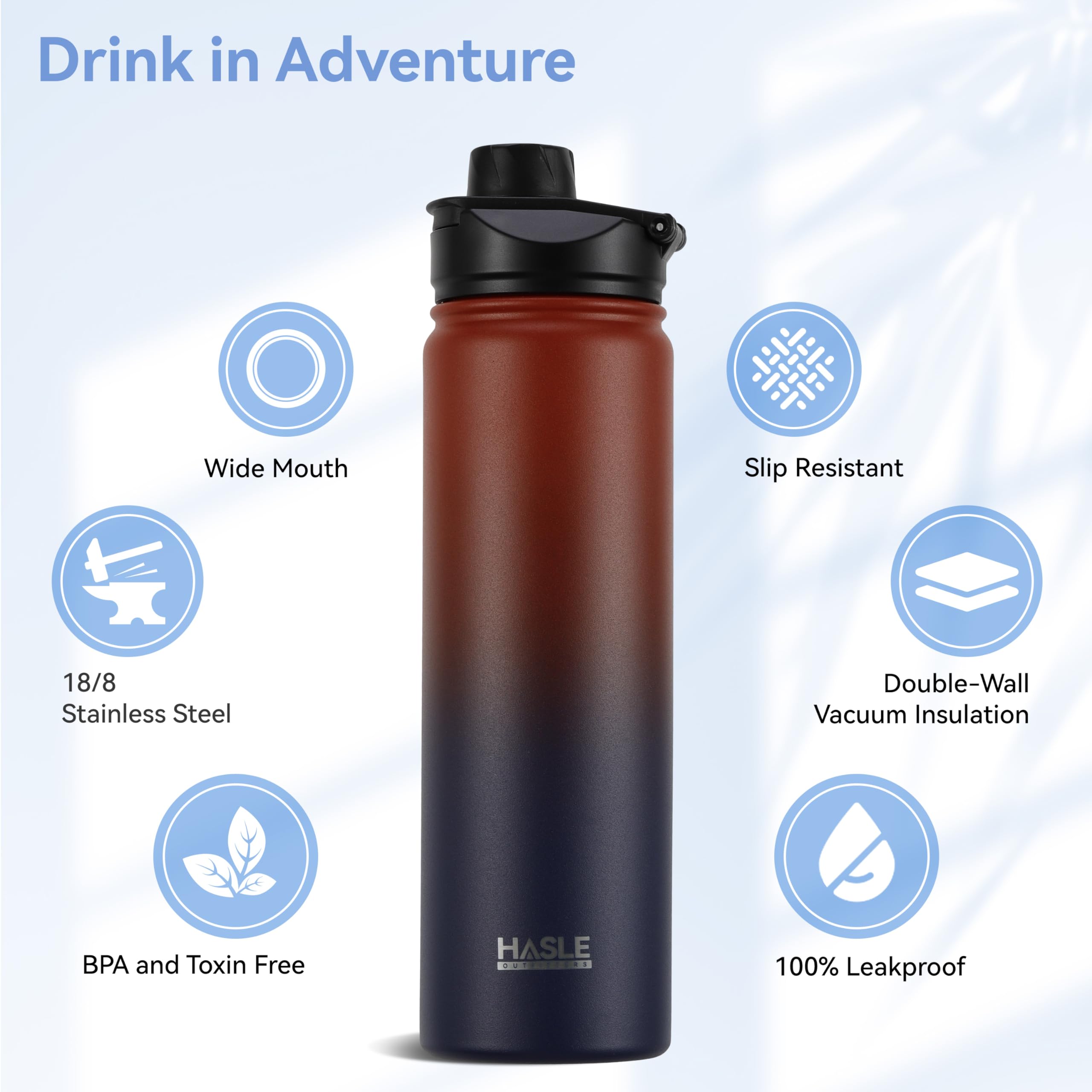 Hasle Outfitters Insulated Water Bottle 22 Oz Double Wall Stainless Steel Water Bottle Wide Mouth With Straw Lid & Spout Lid Kee