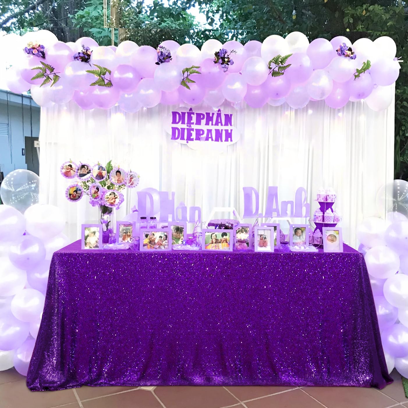 Queendream Purple Tablecloth Sequin Fabric Table Cloths 90X90 Inch Halloween Party Decorations Purple Overlay Drapes Birthday Pa
