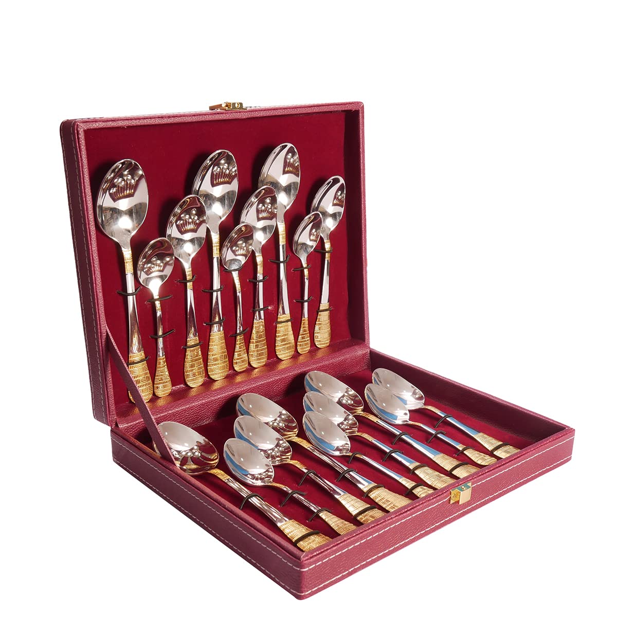 Nora 24 Karat Like Gold Plated Cutlery Set  18 Pcs With Leatherite Box (18) | Or | Ramya Masala Box/Spice Box/Storage/Organise