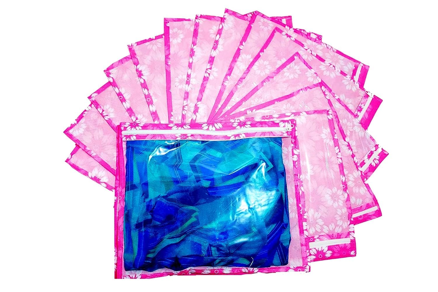 Trendifly Flower Printed Top Transparent Pvc Single Saree Packing Cover Set Of 18, Lahenga Gown Cover, Clothes Storage Bag/Organ
