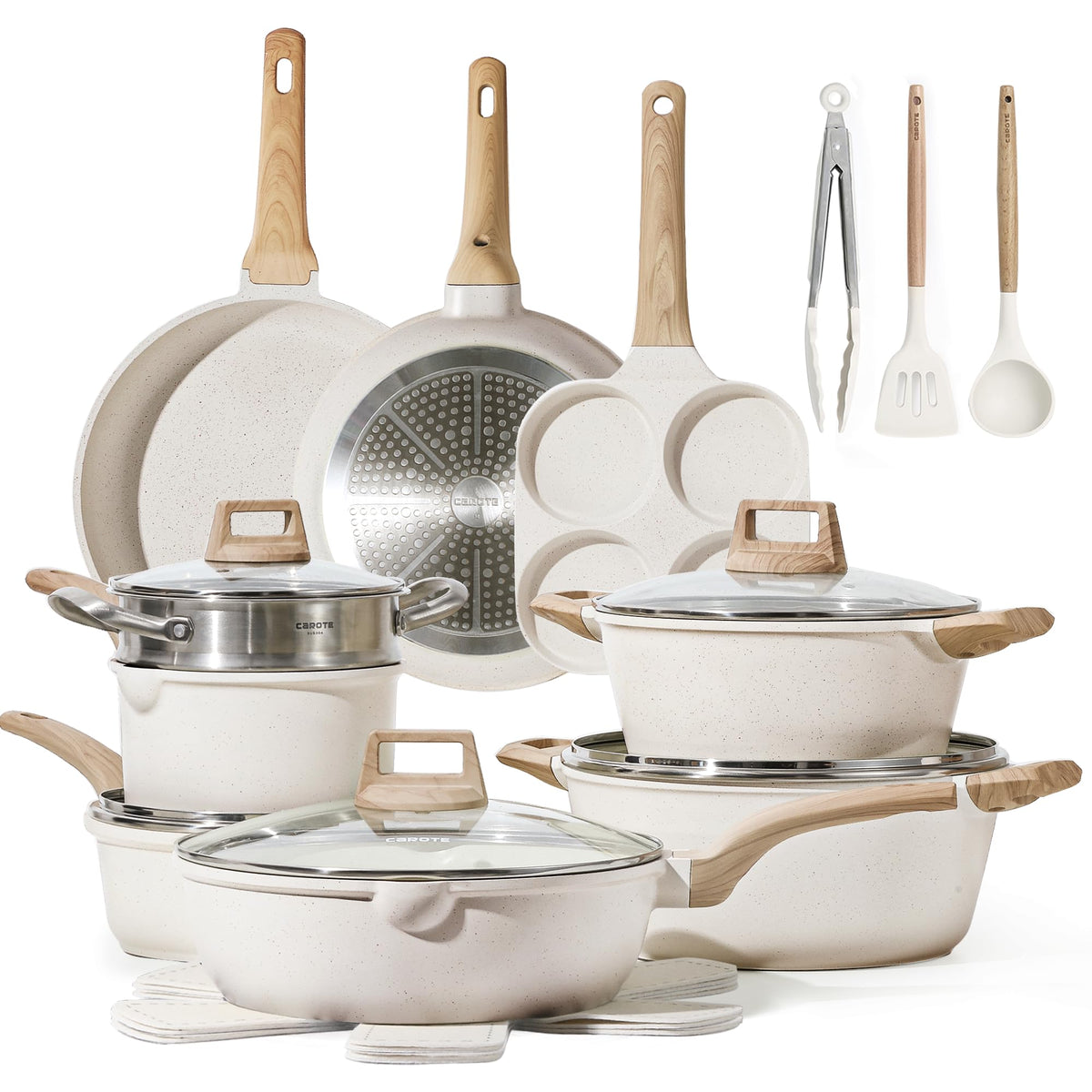 CAROTE 21Pcs Pots and Pans Set, Nonstick Cookware Sets, White Granite Induction Cookware Non Stick Cooking Set w/Frying Pans & S