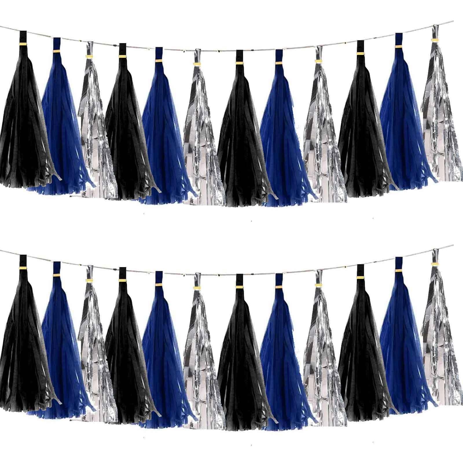 We Moment Black Navy Blue and Silvery Tissue Paper Tassels Party Tassel Garland Banner for Black Blue Party Decorations, DIY Kit