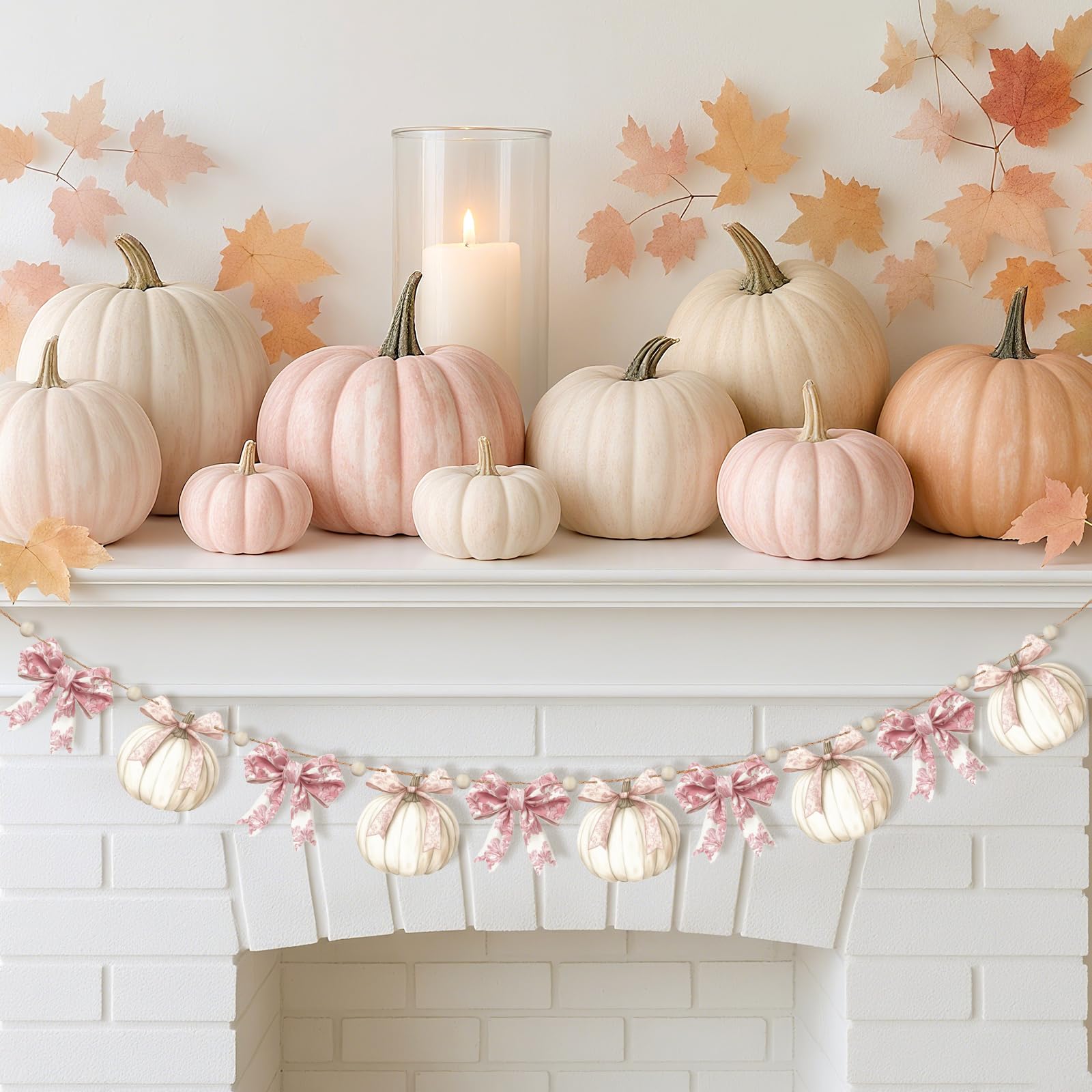 Cinnvoice 8.2 ft Fall Decorations Wooden Bow Pumpkin Garland Pink Bow Banner Thanksgiving Fall Banner Rustic Farmhouse Wood Bead