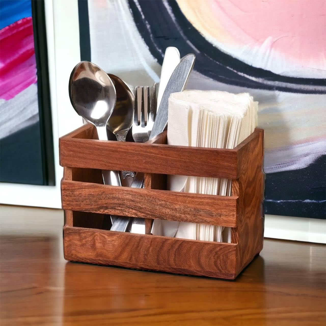Craftize Mstore Wooden Cutlery Spoon Holder Rack For Kitchen | Medium 6X3.5X4.5 Inches | Brown Wood Organizer Stand, Cutlery Sta