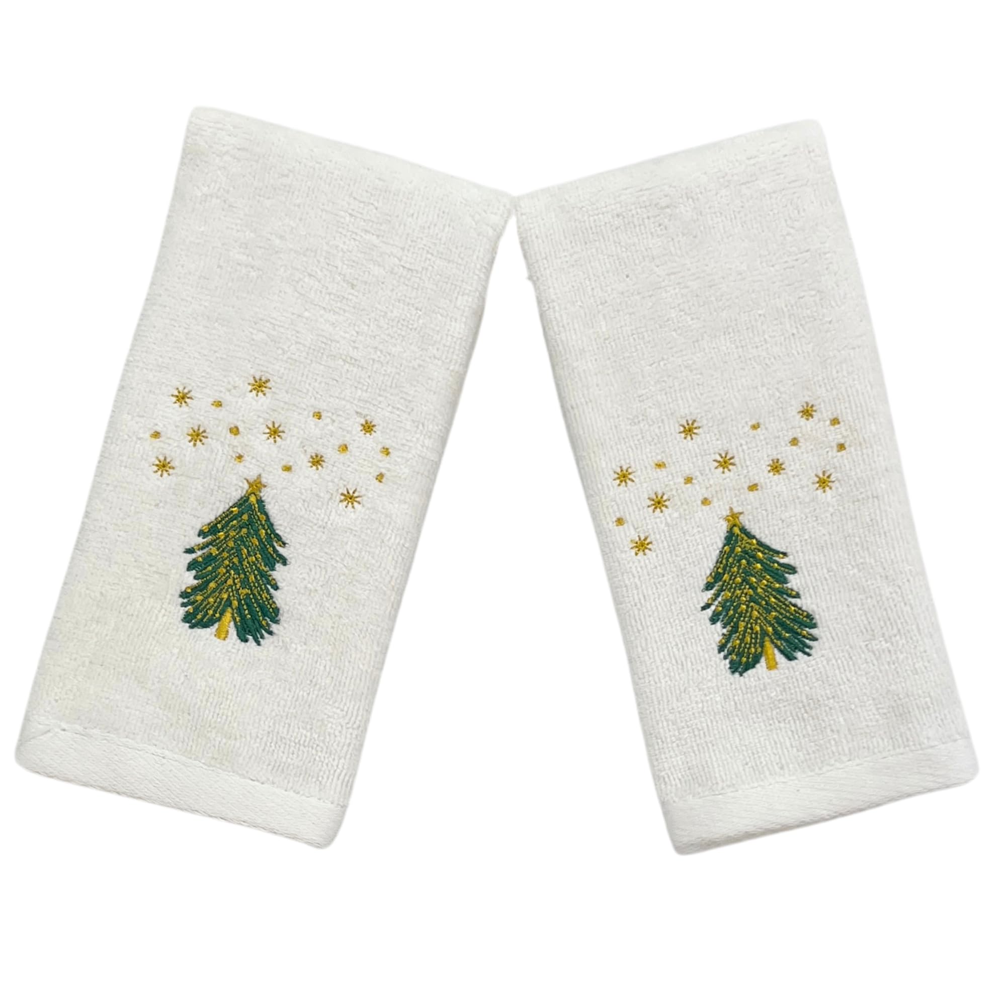 Luxury Holiday Christmas Fingertip Towel Set, Decorated Embroidered Rustic Holiday Tree Under The Stars, Velour Terry Cotton Whi