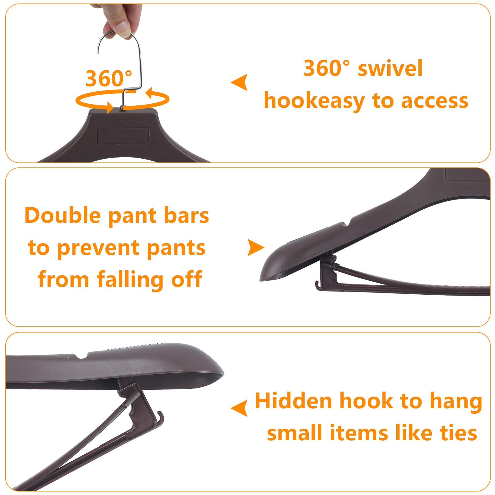 Suit Hangers For Men 6 Pack, Extra Wide Hangers Non Slip Width 17.7'', Brown Coat Hangers Thick Plastic With Pants Bar 360 Swive