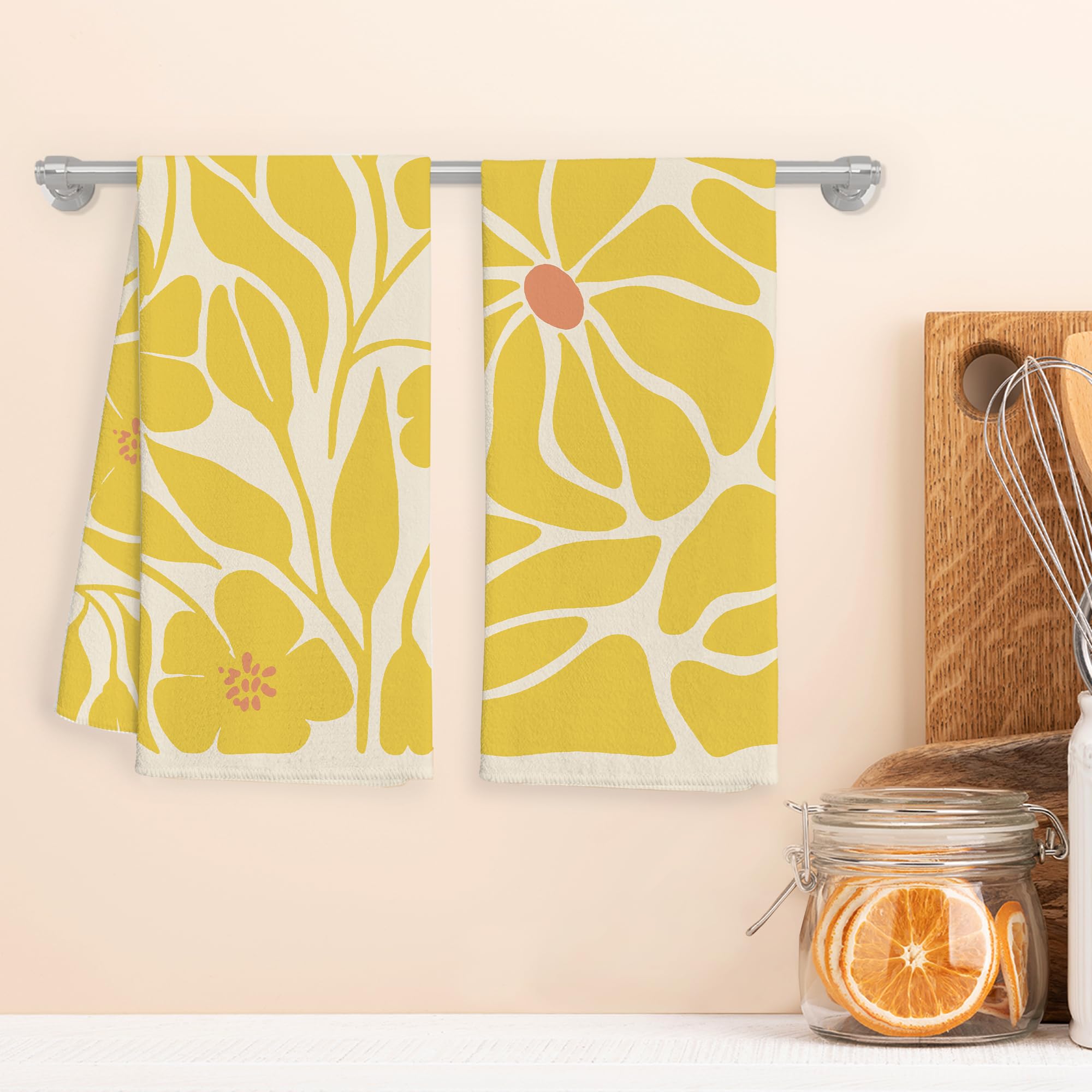 Wfsm Yellow Floral Kitchen Towels Set Of 2- Yellow Floral Hand Towels, Yellow Dish Towels, Decorative Kitchen Towels, Flower Dec