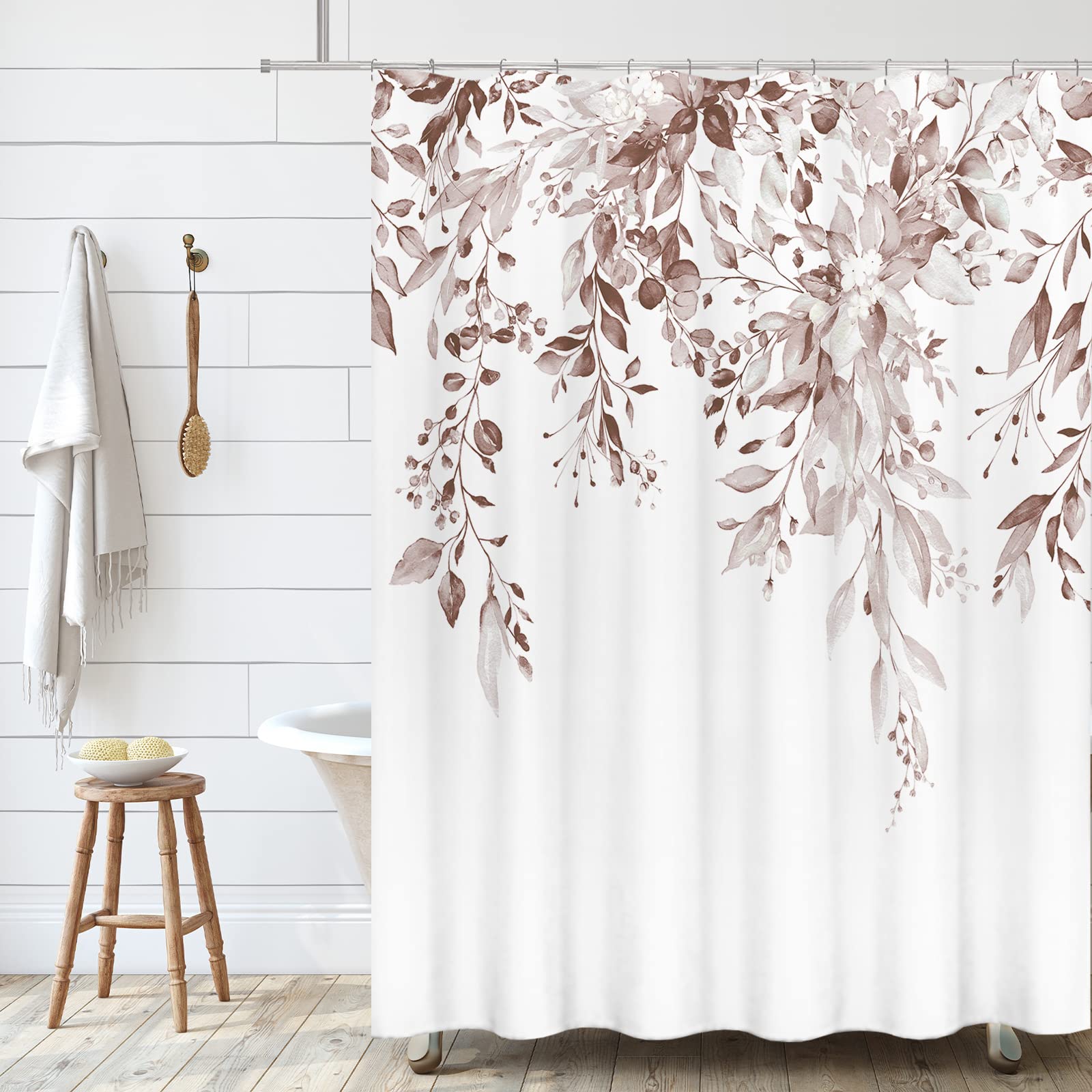 Tititex Rosy Brown Eucalyptus Shower Curtain Sets, Watercolor Leaves On The Top Plant With Floral Bathroom Decoration 72X78 Inch