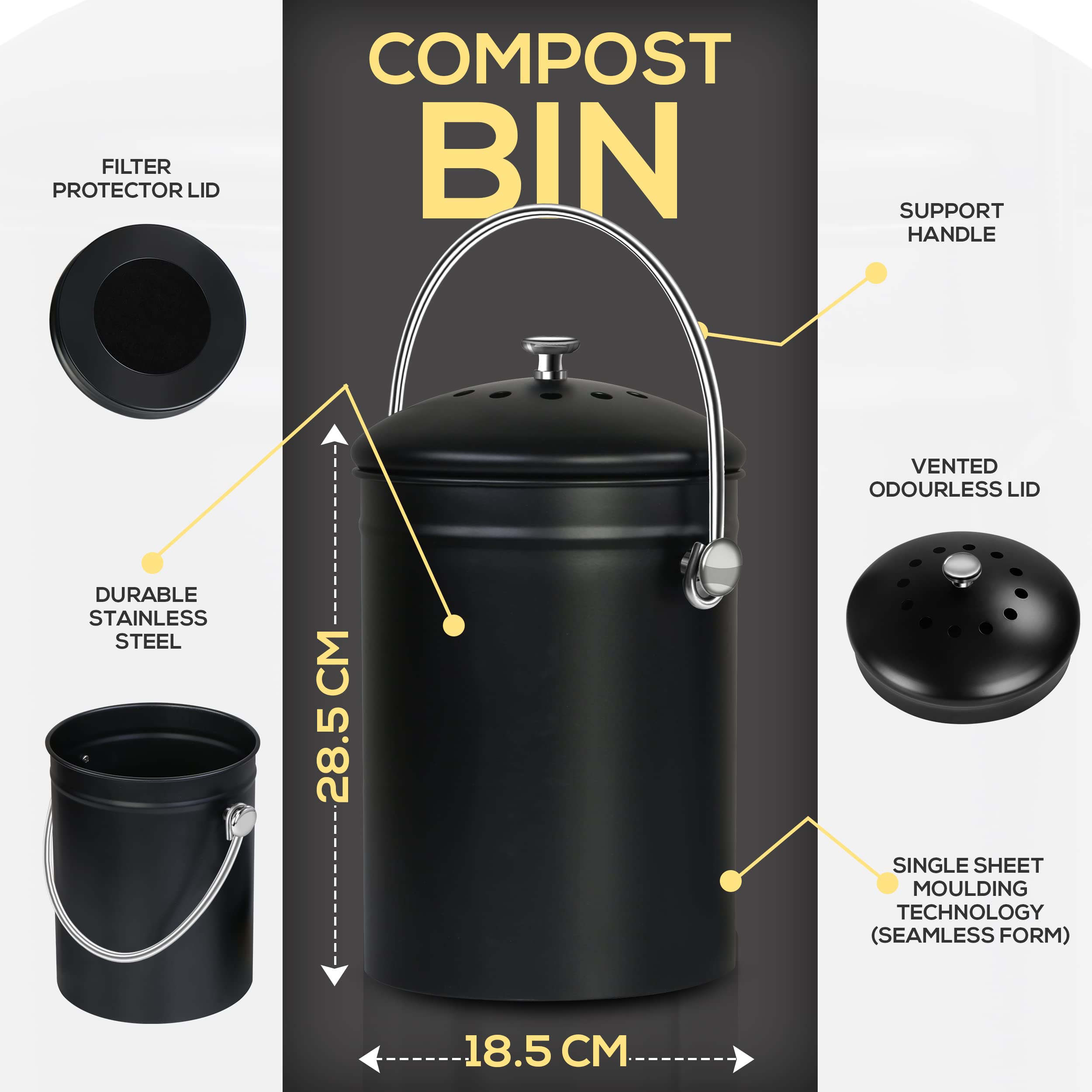 Utopia Kitchen Compost Bin For Kitchen Countertop - 1.3 Gallon Compost Bucket For Kitchen With Lid - Includes 1 Spare Charcoal F