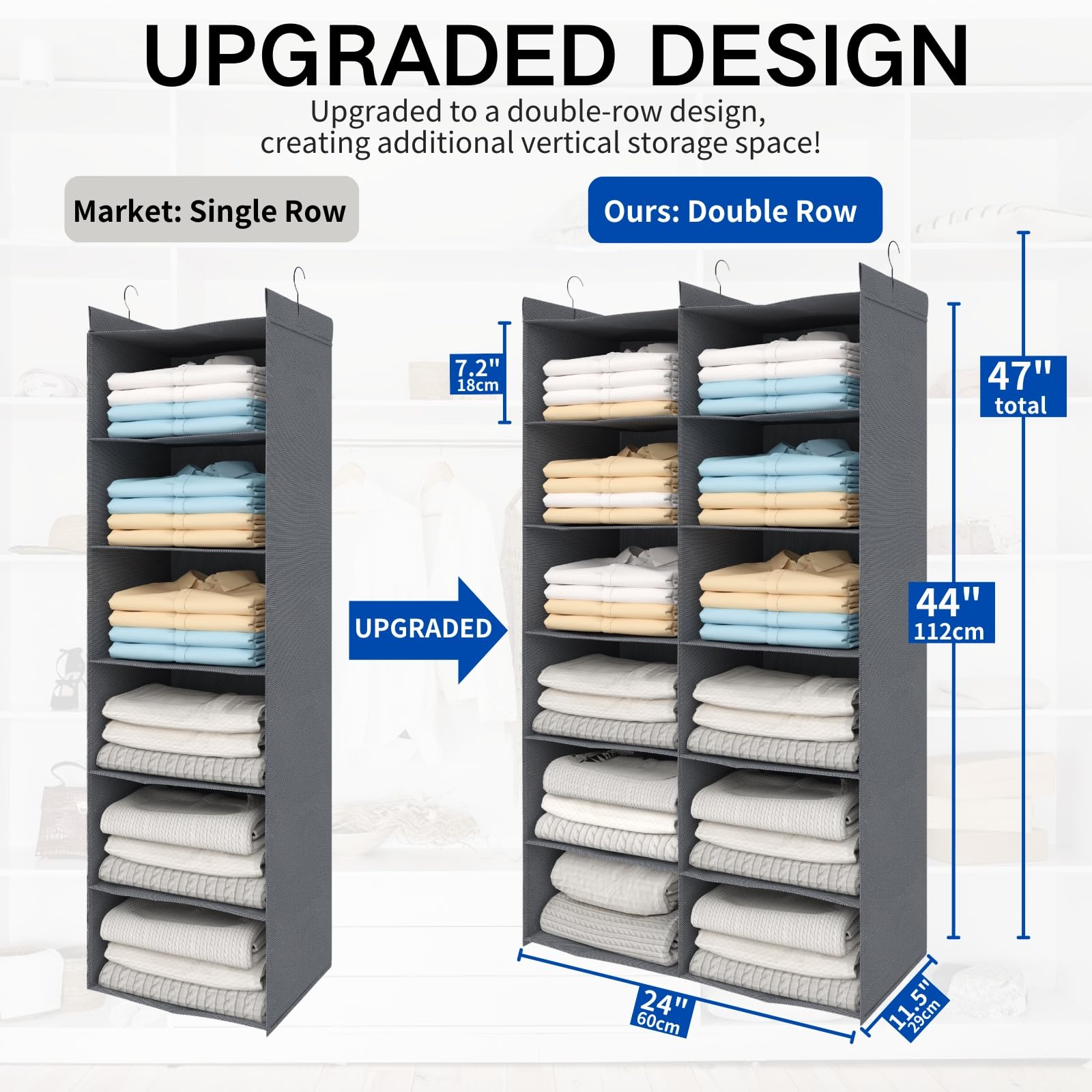 Alltidyup Dual-Row 6 Tier Shelf Hanging Closet Organizer And Storage, 12 Pockets Clothes Storage Shelves With 3 Sturdy Hooks For