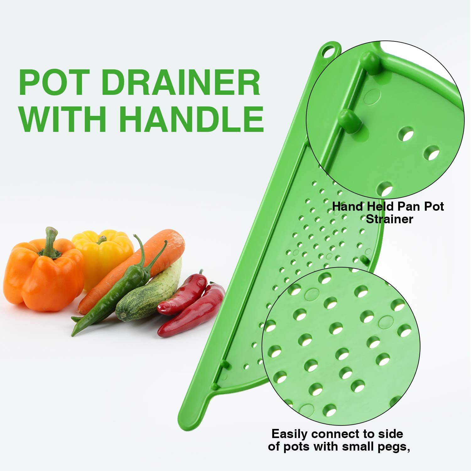 Boao 3-Piece Pot Drainer Set, Green Handheld Strainers for Pasta, Noodles, Fruits & Veggies, Fits Up to 9 Inches, Durable ABS Material