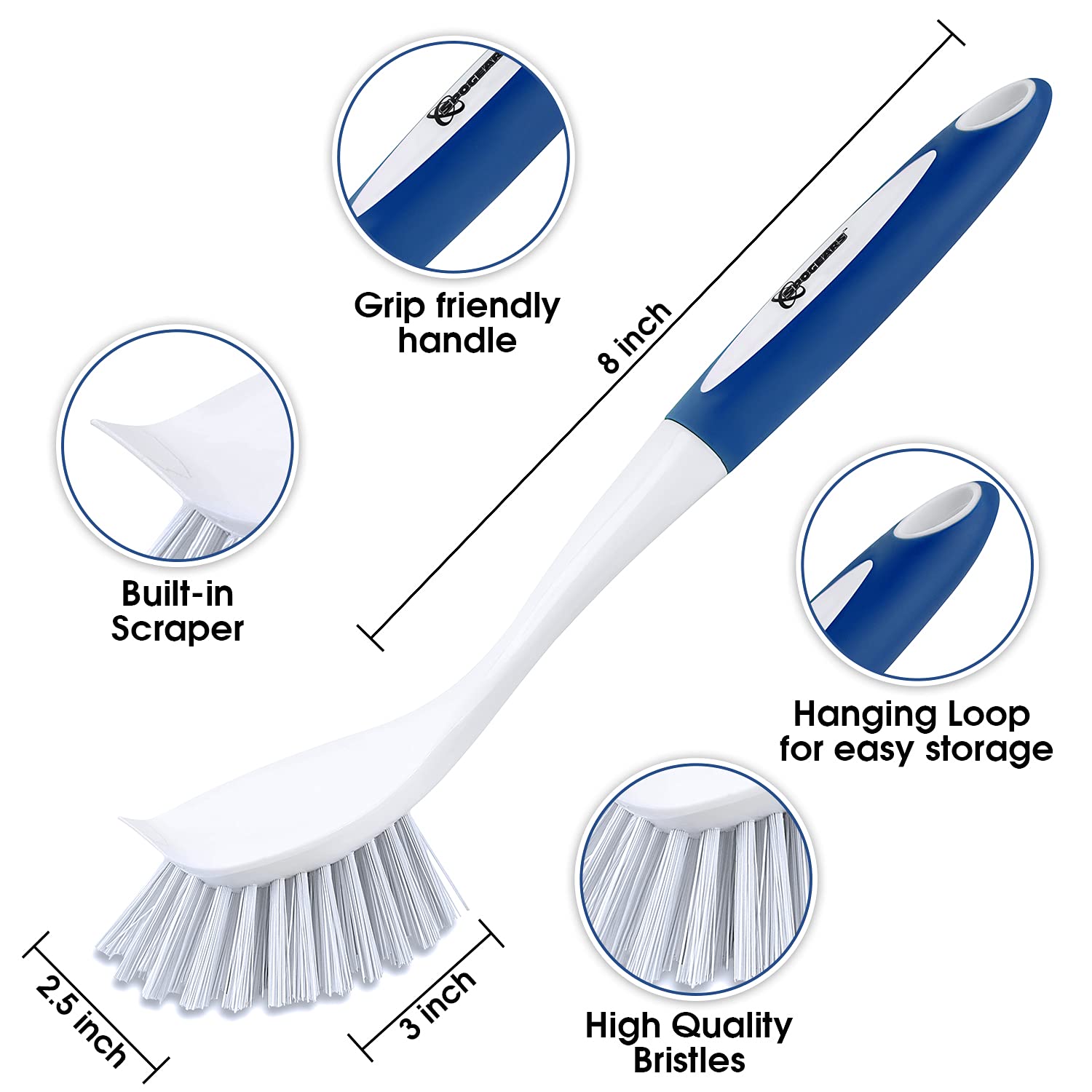 Spogears Dish Brush 3 Pack - Dish Scrubber Brush With Built-In Scraper - Kitchen Brush For Dishes - Kitchen Scrub Brush With Gri
