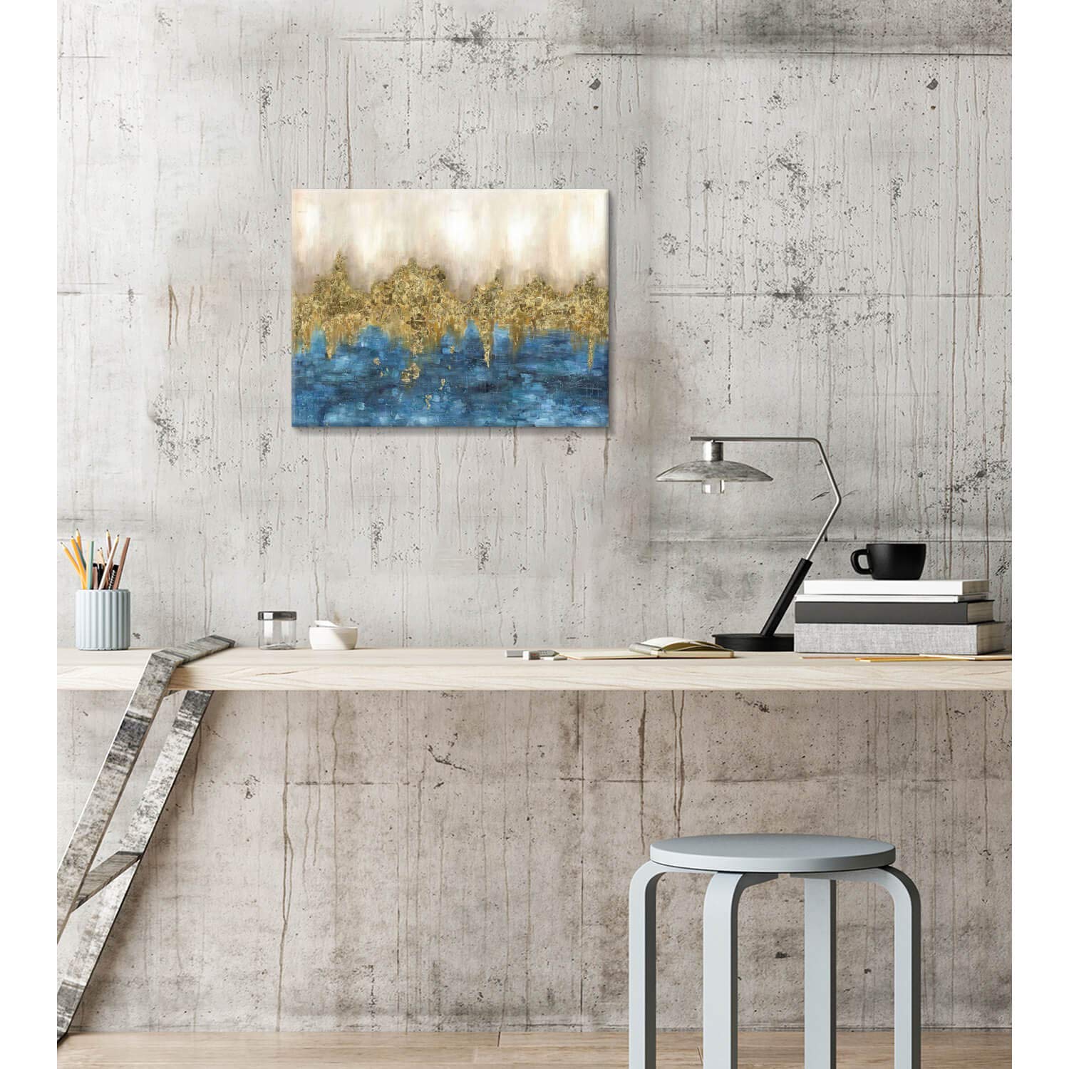 Abstract Print Canvas Wall Art: Blue Gold Artwork Picture Small Size For Bedroom (16    X 12'' X 1 Panel)