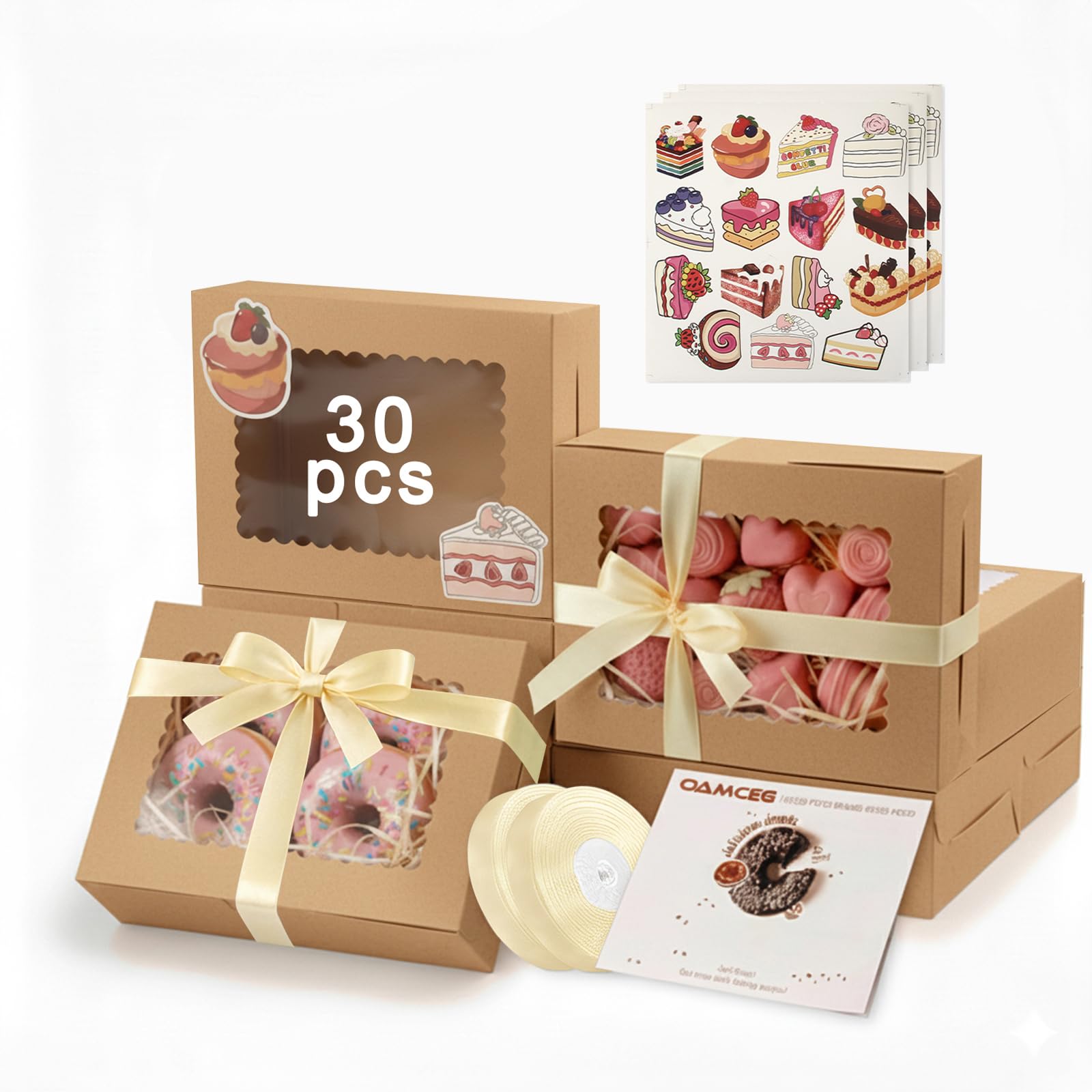 OAMCEG 30 Pack Cookie Boxes with Window, 8x6x2.5 Inch Bakery Treat Boxes for Christmas Holiday Gift Giving, Desserts, Donuts, Pa