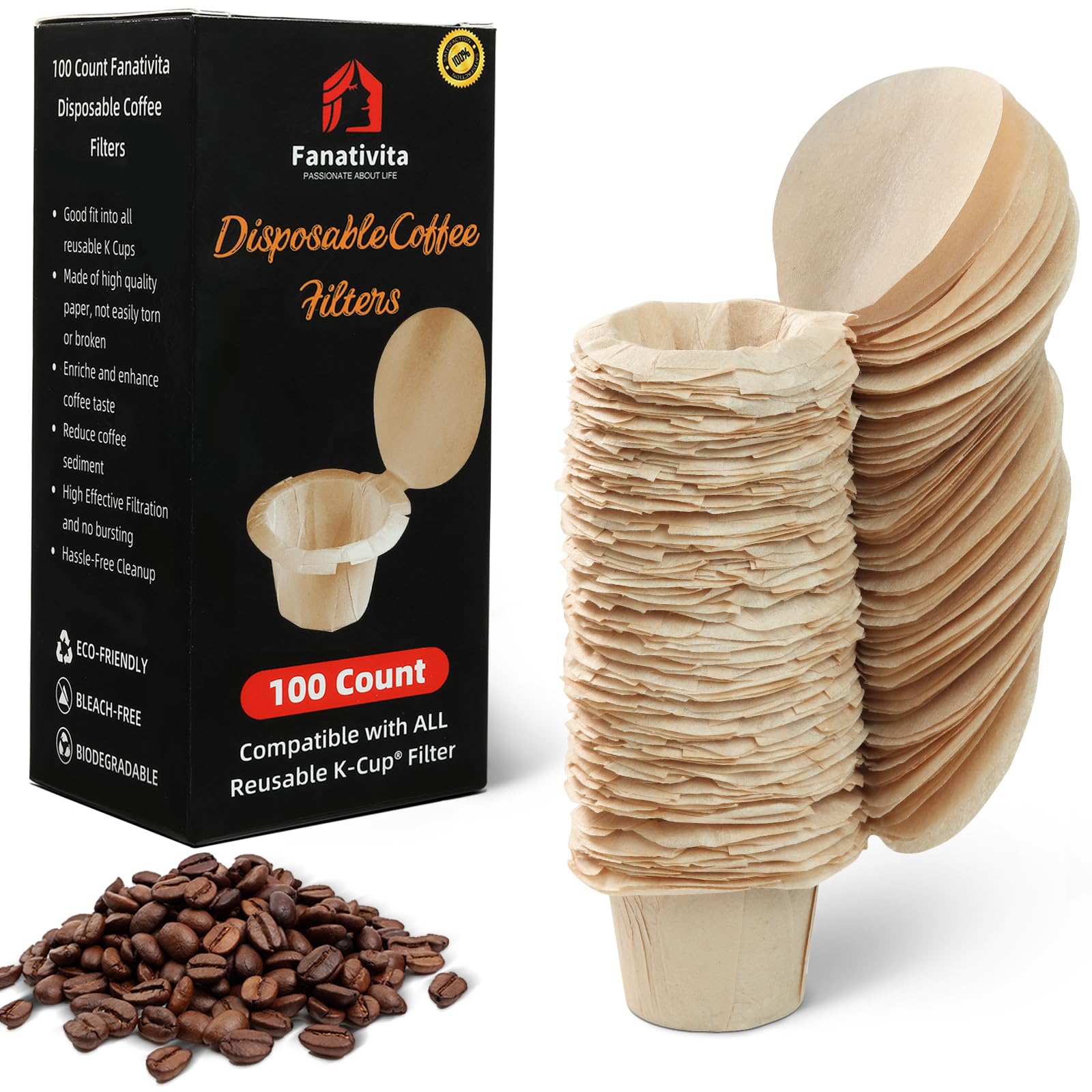 100 Count Fanativita K Cup Filters Disposable With Genius Lid Design, Fit All Reusable K Cups For Keurig (Unbleached)